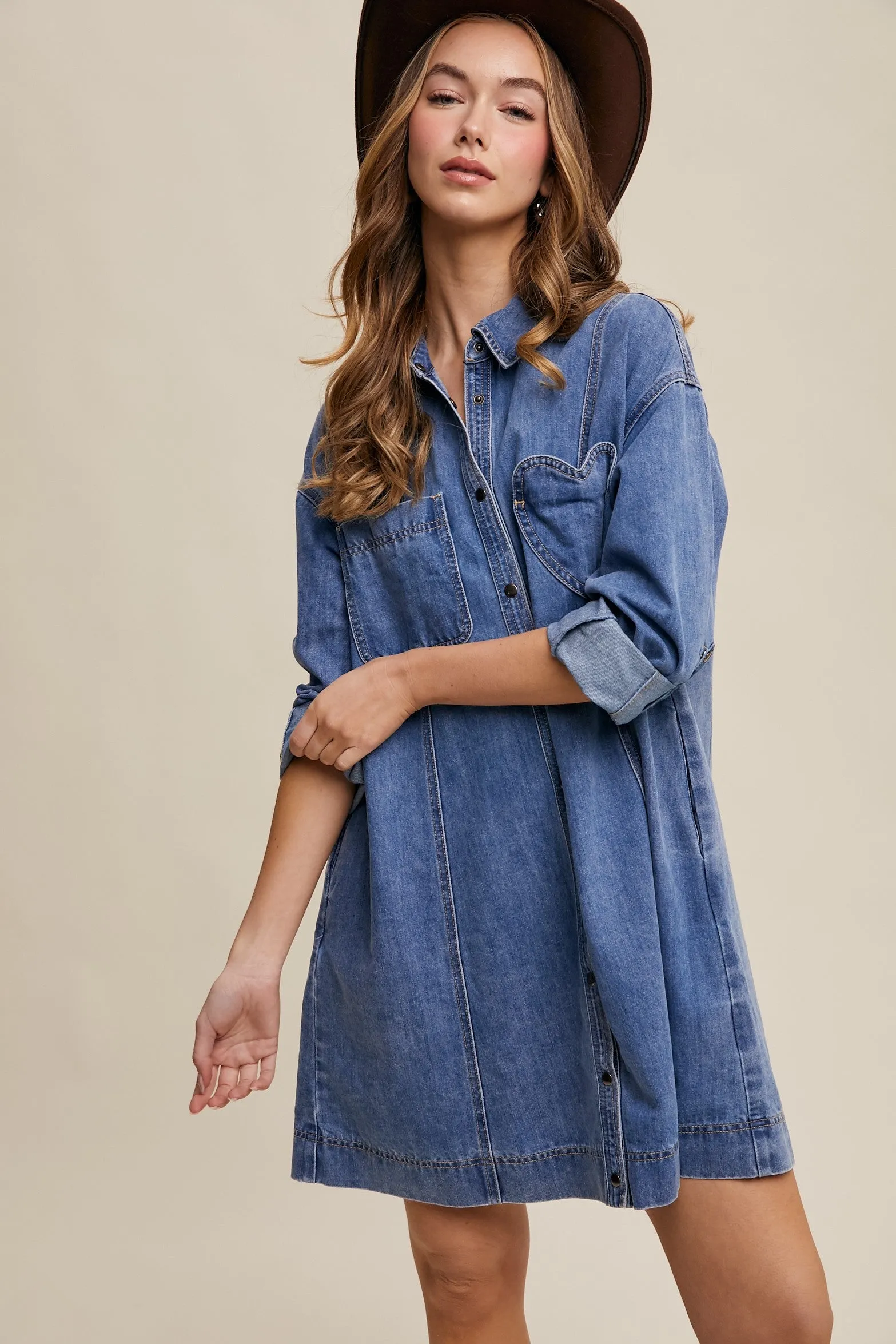 Blue Denim Heart-Pocket Shirt Dress sold by Pinkblush product image thumbnail 2