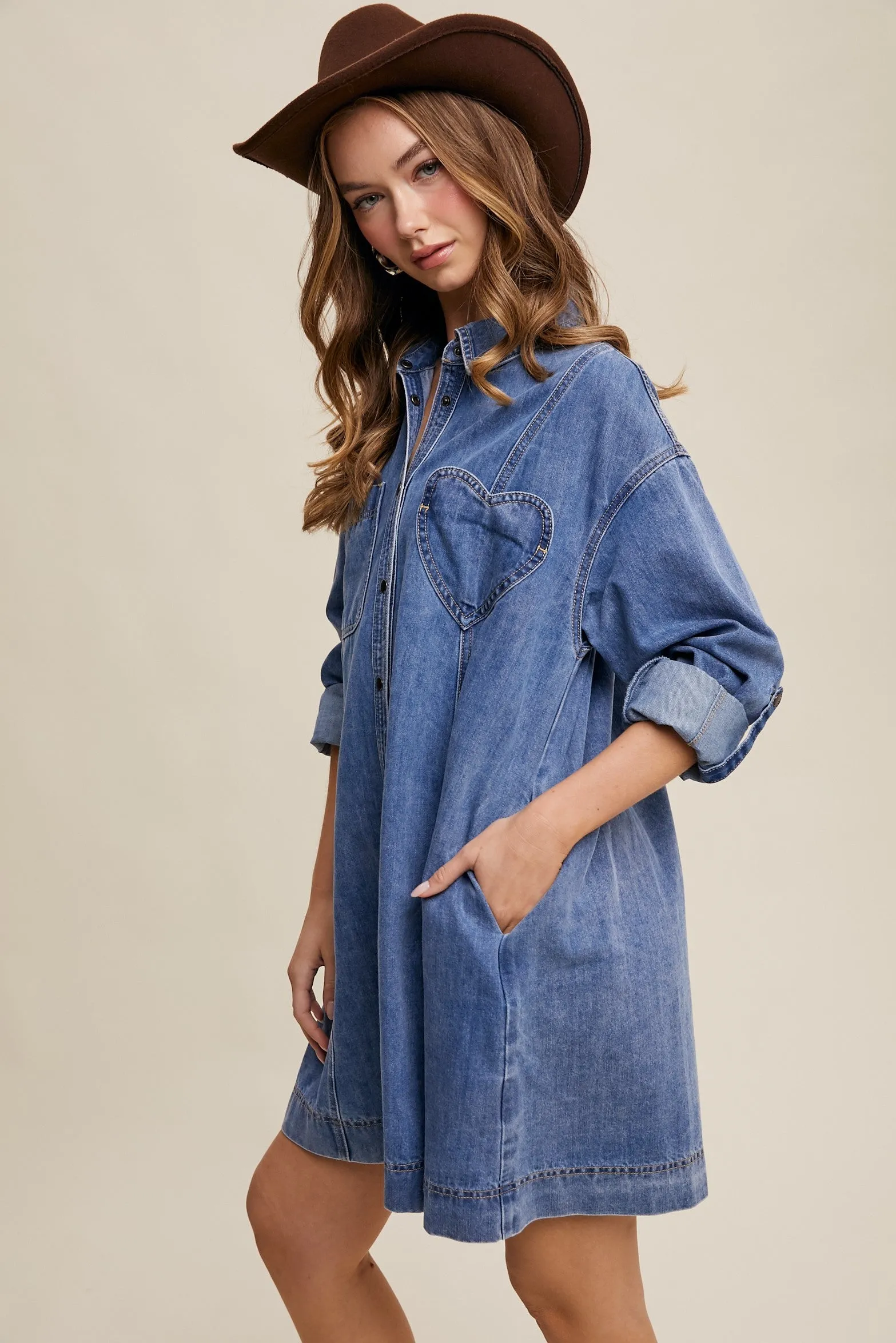 Blue Denim Heart-Pocket Shirt Dress sold by Pinkblush product image thumbnail 3