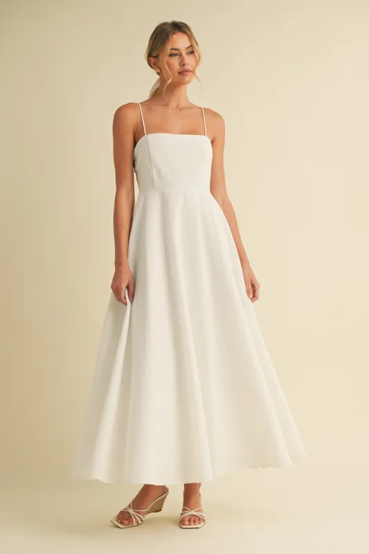 White Linen A-Line Flared Midi Dress sold by Pinkblush