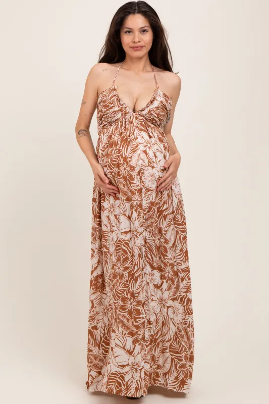 Taupe Floral Ruched V-Neck Halter Maternity Maxi Dress sold by Pinkblush