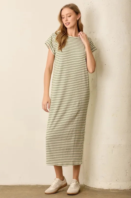 Olive Striped Midi T-Shirt Dress sold by Pinkblush