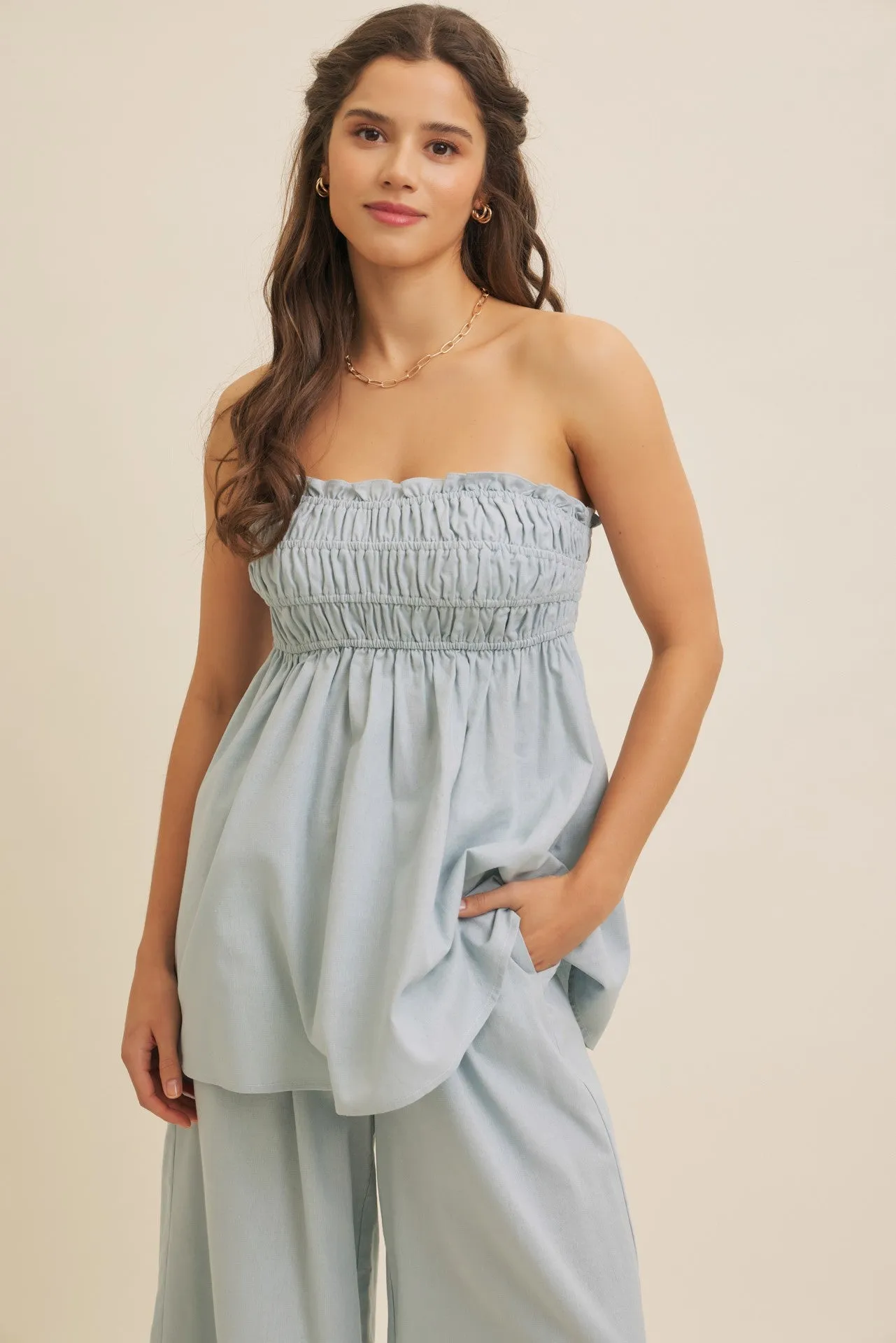 Light Blue Linen Ruched Strapless Tube Tunic Maternity Top sold by Pinkblush product image thumbnail 4
