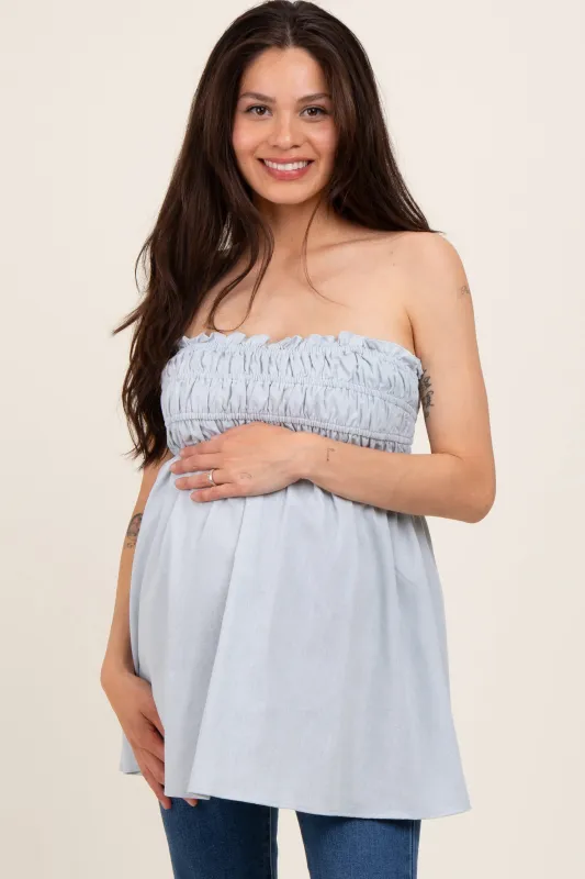 Light Blue Linen Ruched Strapless Tube Tunic Maternity Top sold by Pinkblush