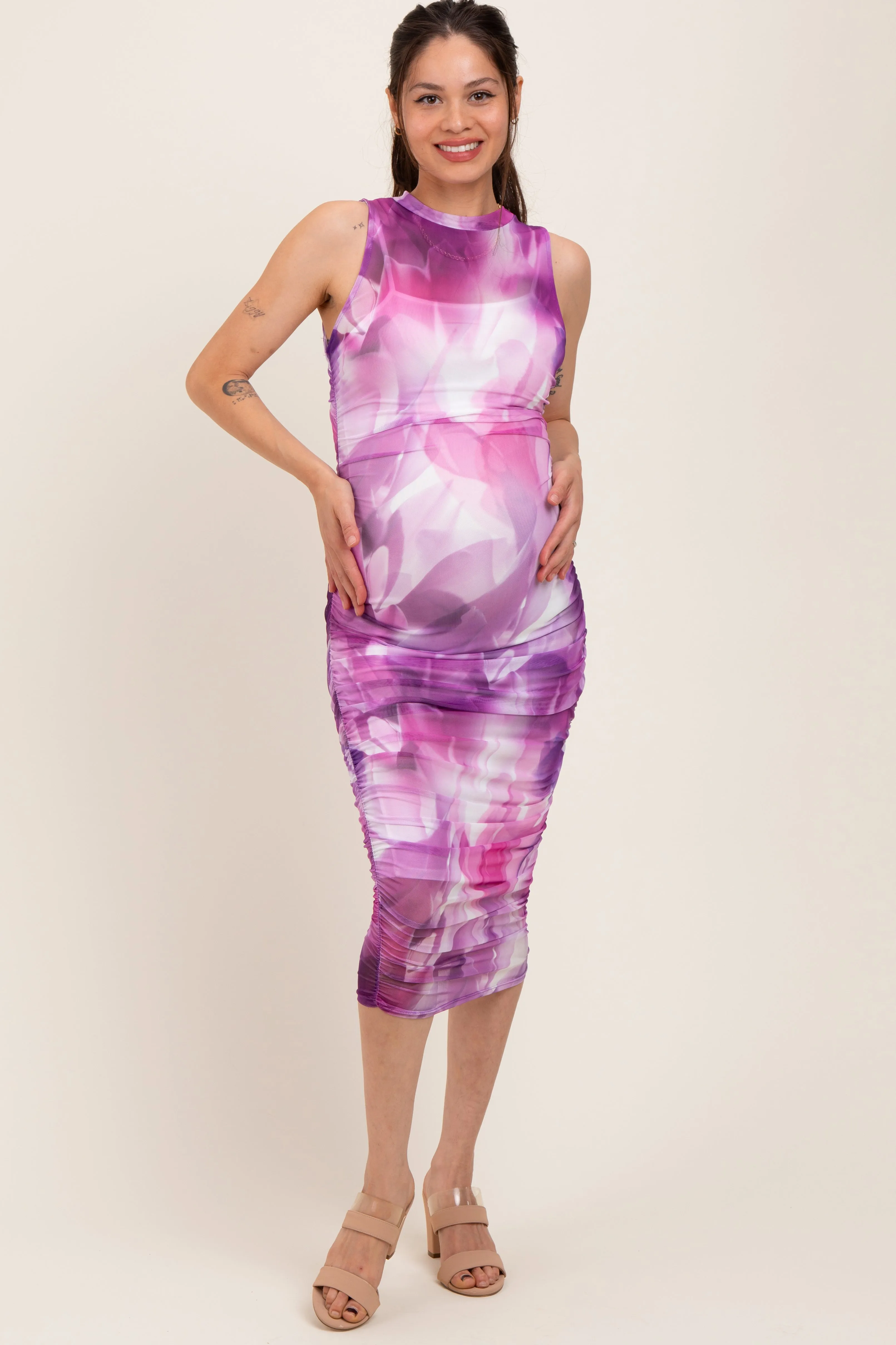 Purple Printed Mesh Overlay Sleeveless Fitted Maternity Midi Dress sold by Pinkblush