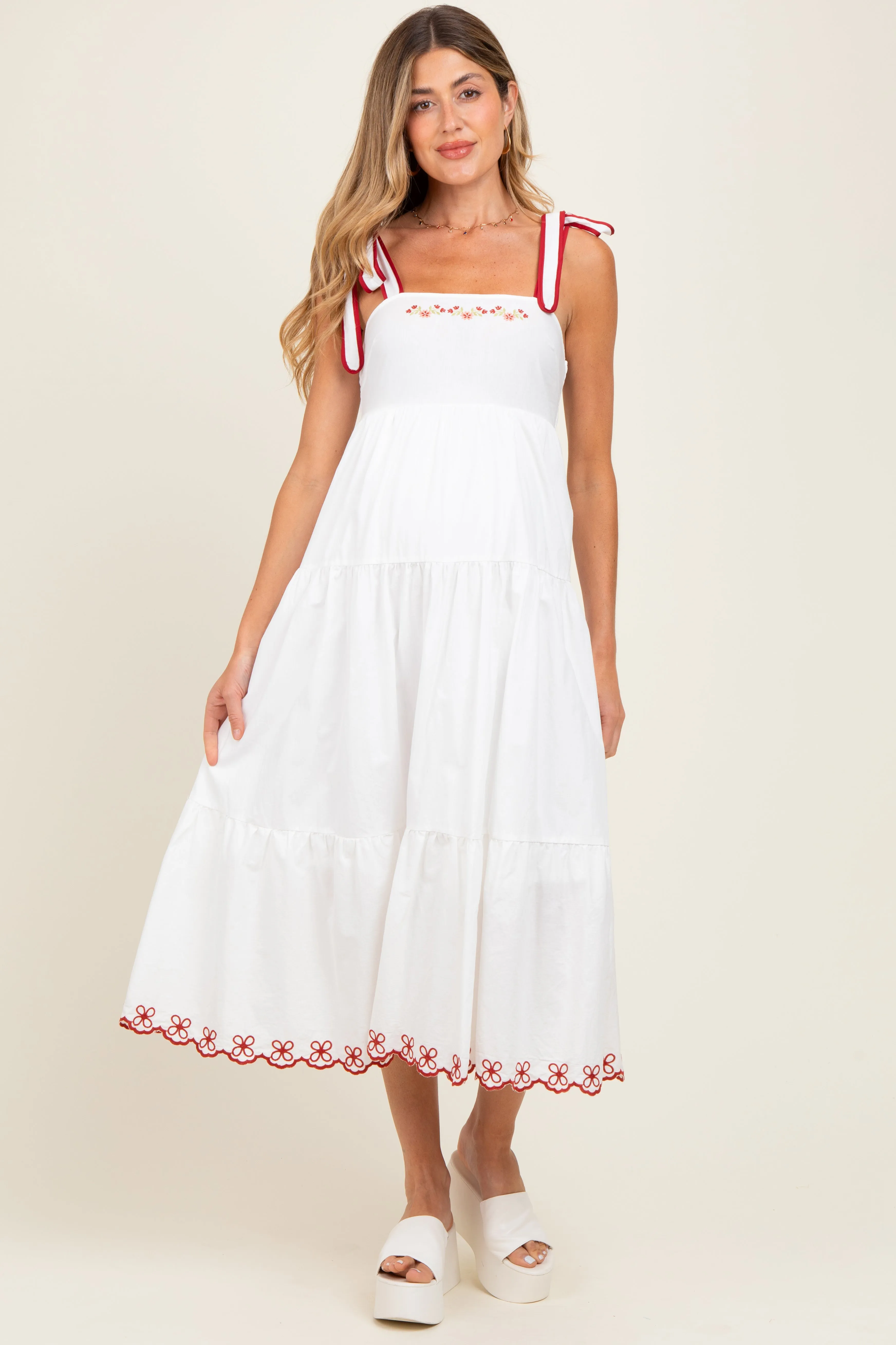 Ivory Embroidered Tiered Maternity Midi Dress sold by Pinkblush