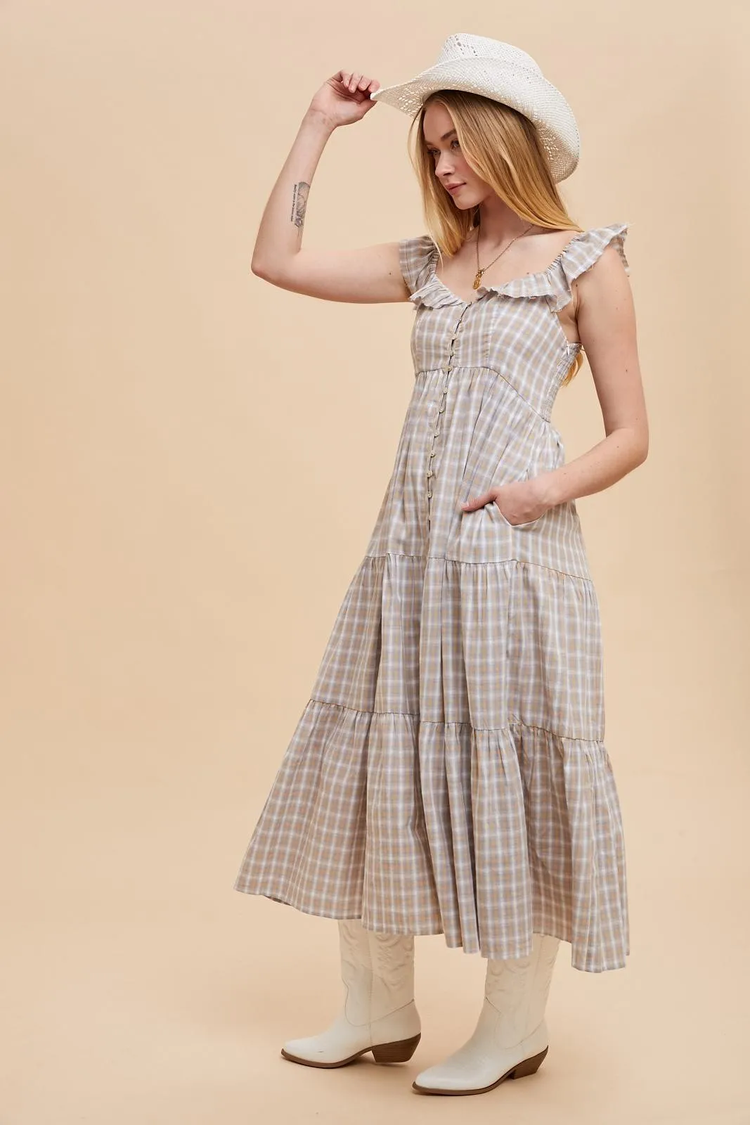 Light Blue Cotton Plaid Maxi Dress sold by Pinkblush product image thumbnail 3