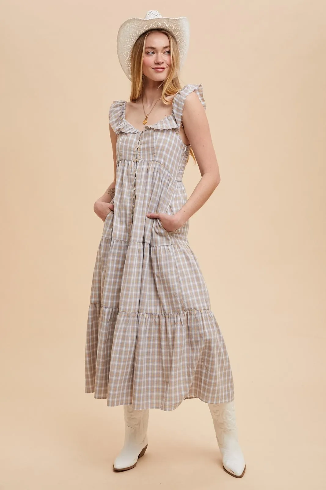 Light Blue Cotton Plaid Maxi Dress sold by Pinkblush