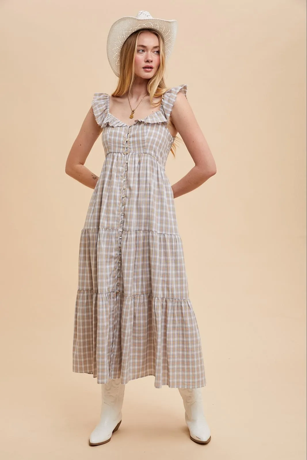 Light Blue Cotton Plaid Maxi Dress sold by Pinkblush product image thumbnail 2