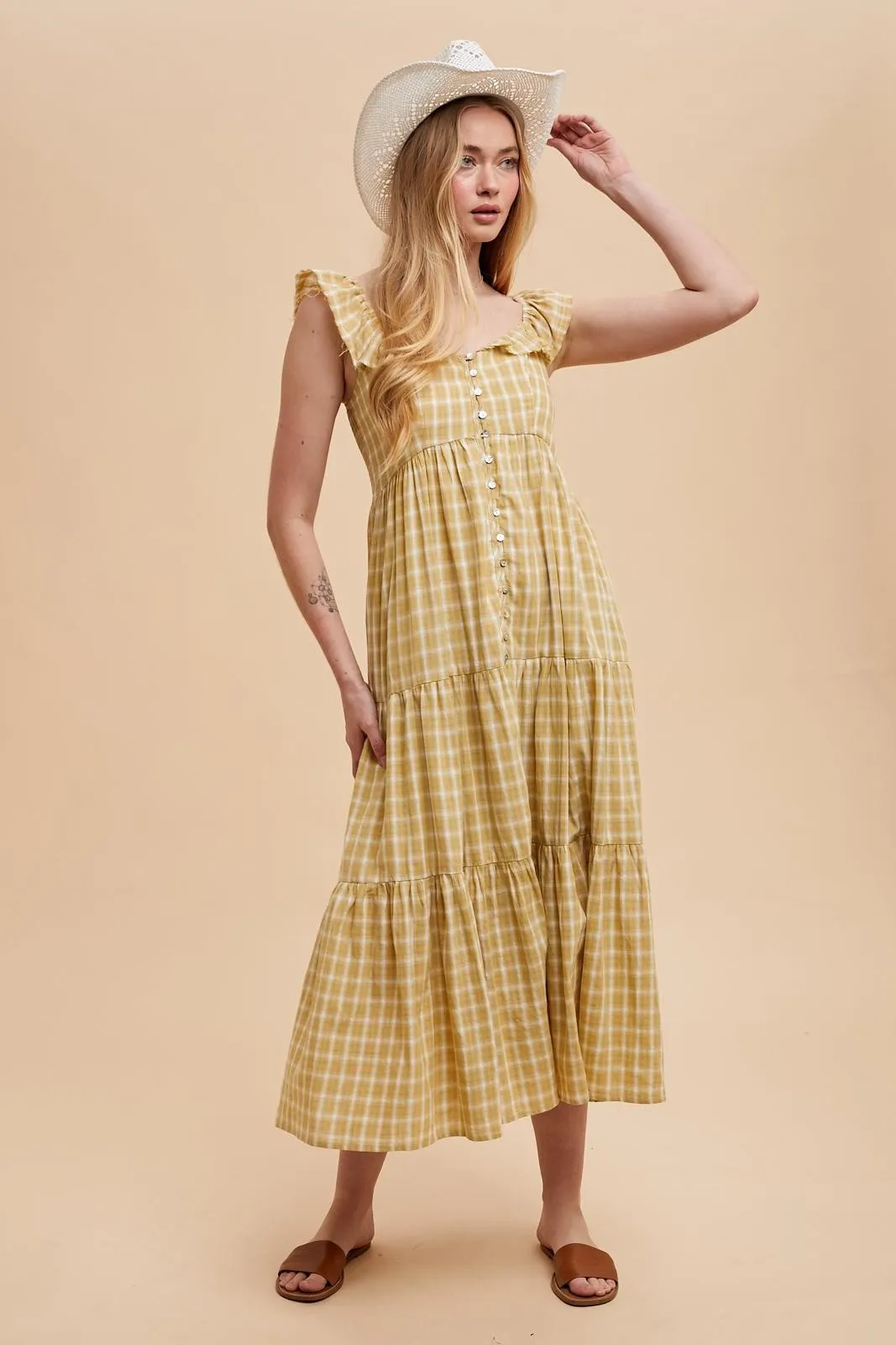 Mustard Cotton Plaid Maxi Dress sold by Pinkblush product image thumbnail 3