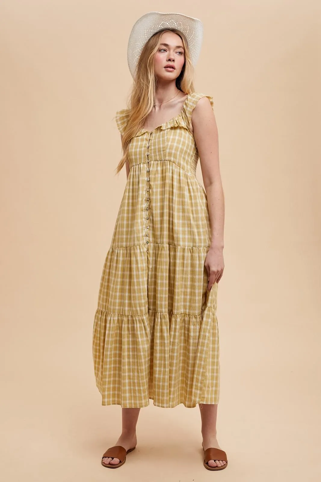 Mustard Cotton Plaid Maxi Dress sold by Pinkblush