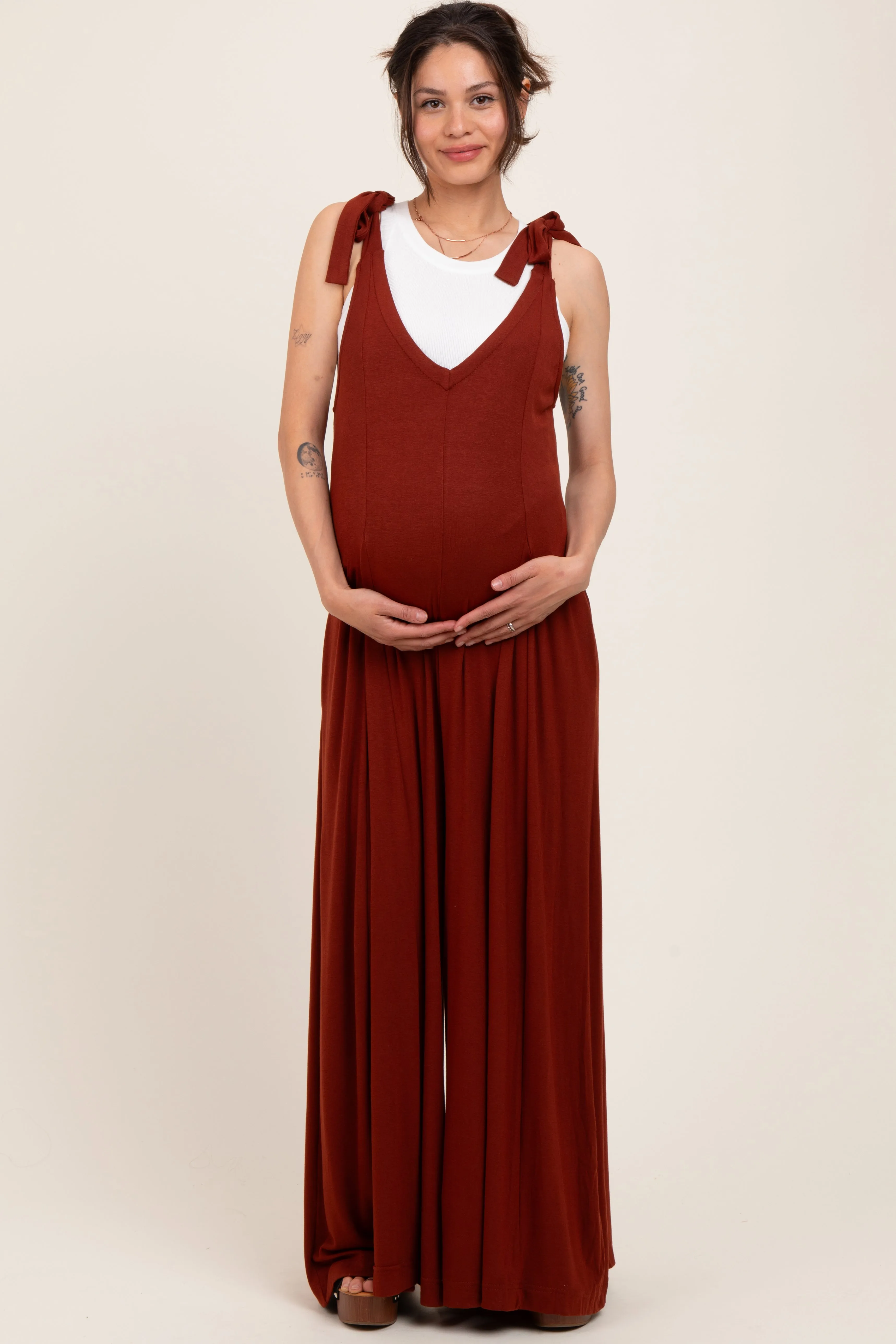 Rust Shoulder Tie Wide Leg Maternity Jumpsuit sold by Pinkblush product image thumbnail 2