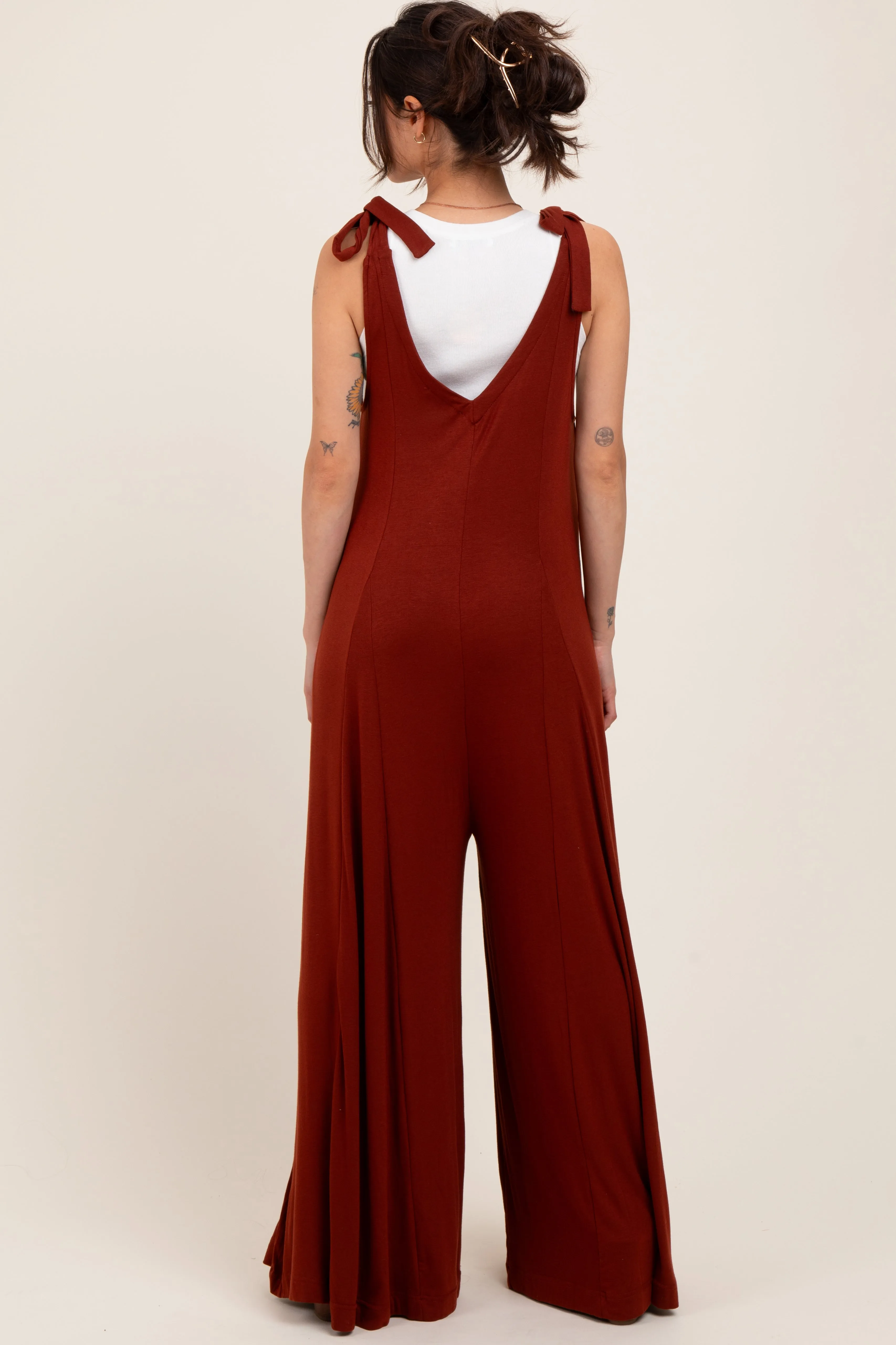 Rust Shoulder Tie Wide Leg Maternity Jumpsuit sold by Pinkblush product image thumbnail 3