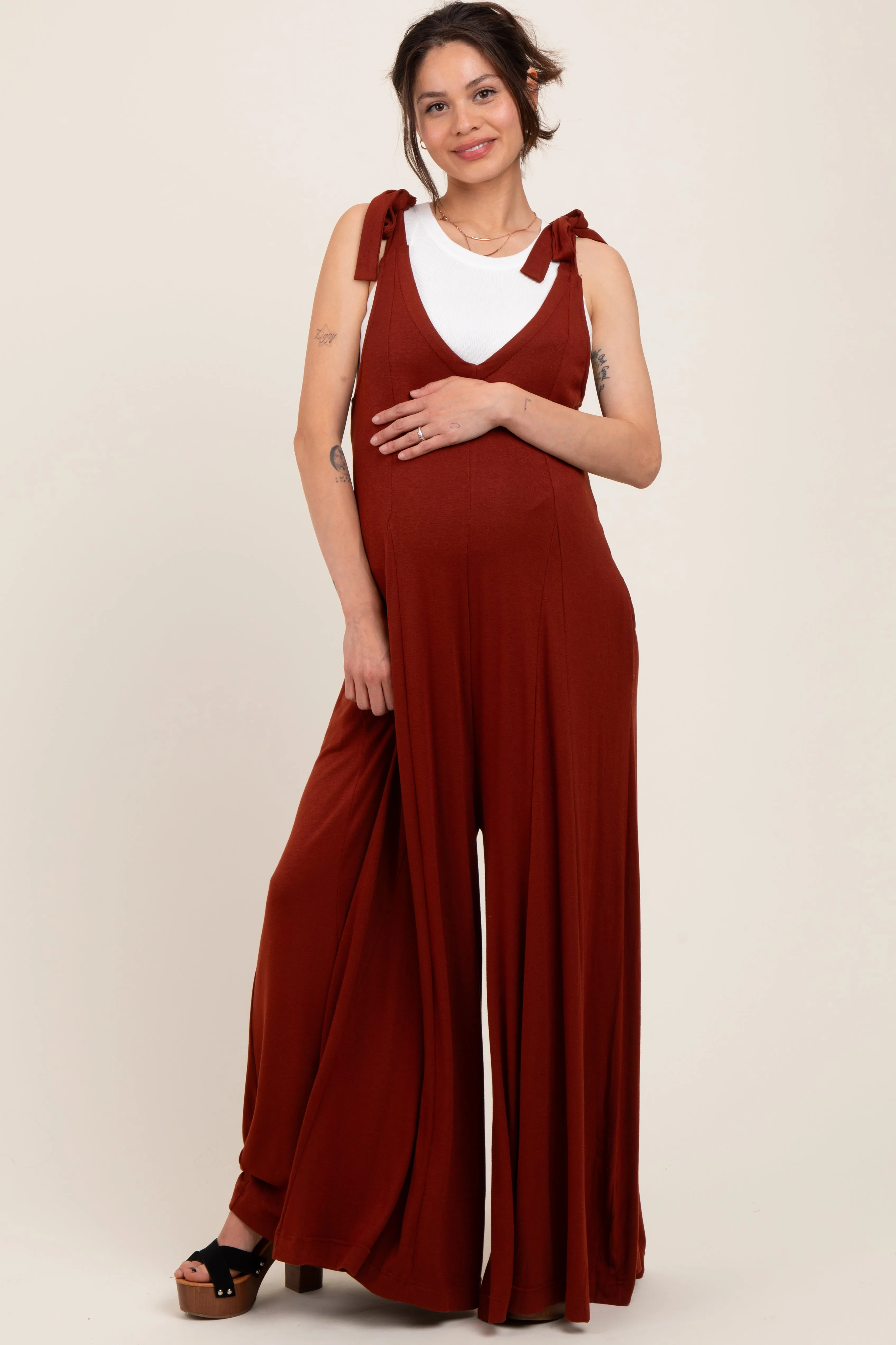Rust Shoulder Tie Wide Leg Maternity Jumpsuit sold by Pinkblush