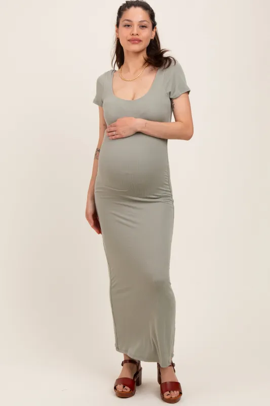 Sage Double Layered Ribbed Scoop Neck Maternity Maxi Dress sold by Pinkblush