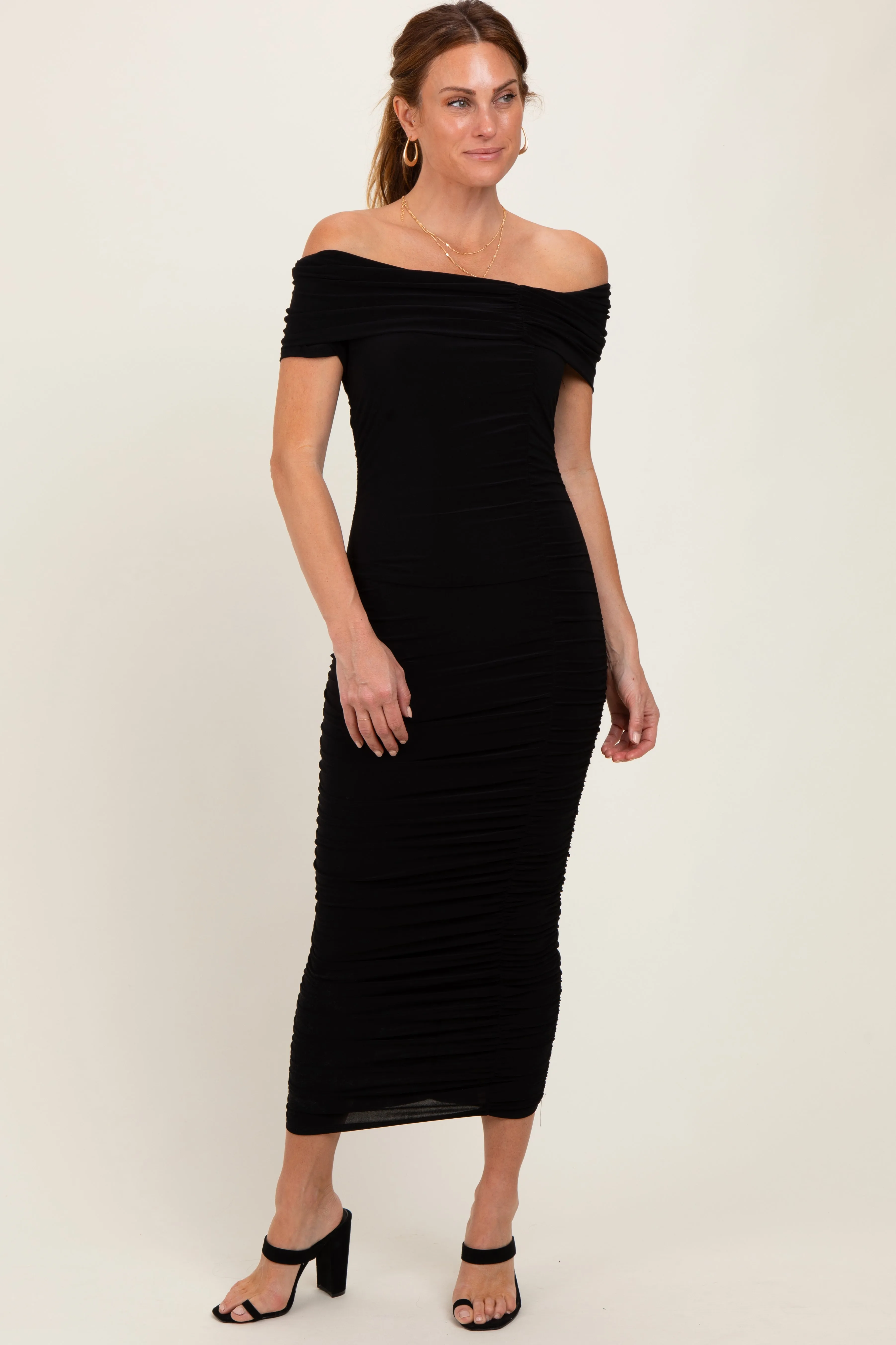 Black Off Shoulder Ruched Maternity Midi Dress sold by Pinkblush product image thumbnail 4