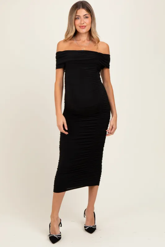 Black Off Shoulder Ruched Maternity Midi Dress sold by Pinkblush