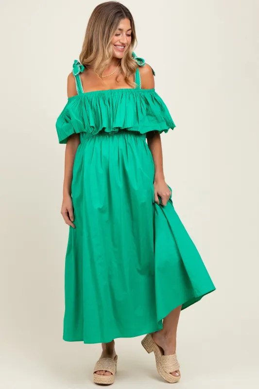 Green Shoulder Tie Flounce Maternity Midi Dress sold by Pinkblush