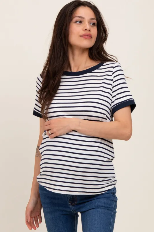 Navy Blue Striped Short Sleeve Maternity Top sold by Pinkblush