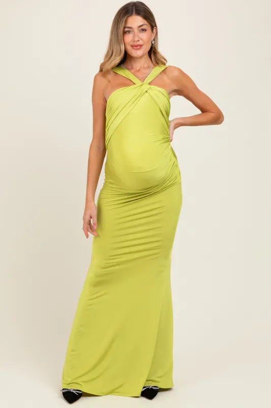 Lime Twist Front Ruched Maternity Maxi Dress sold by Pinkblush