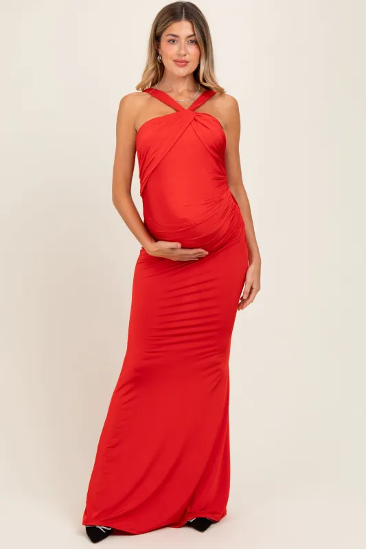 Red Twist Front Ruched Maternity Maxi Dress sold by Pinkblush