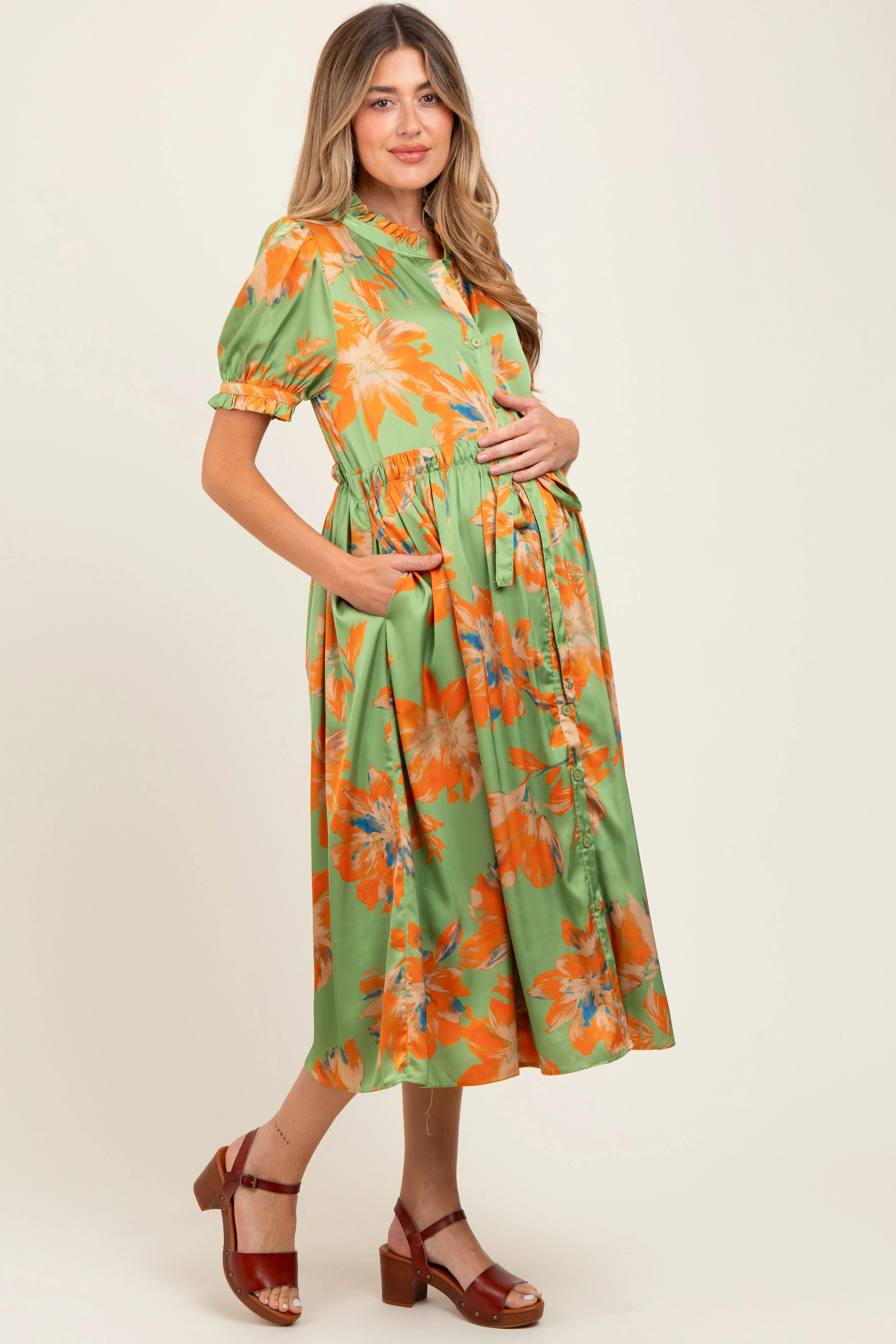 Light Olive Floral Satin Button Down Maternity Midi Dress sold by Pinkblush product image thumbnail 2