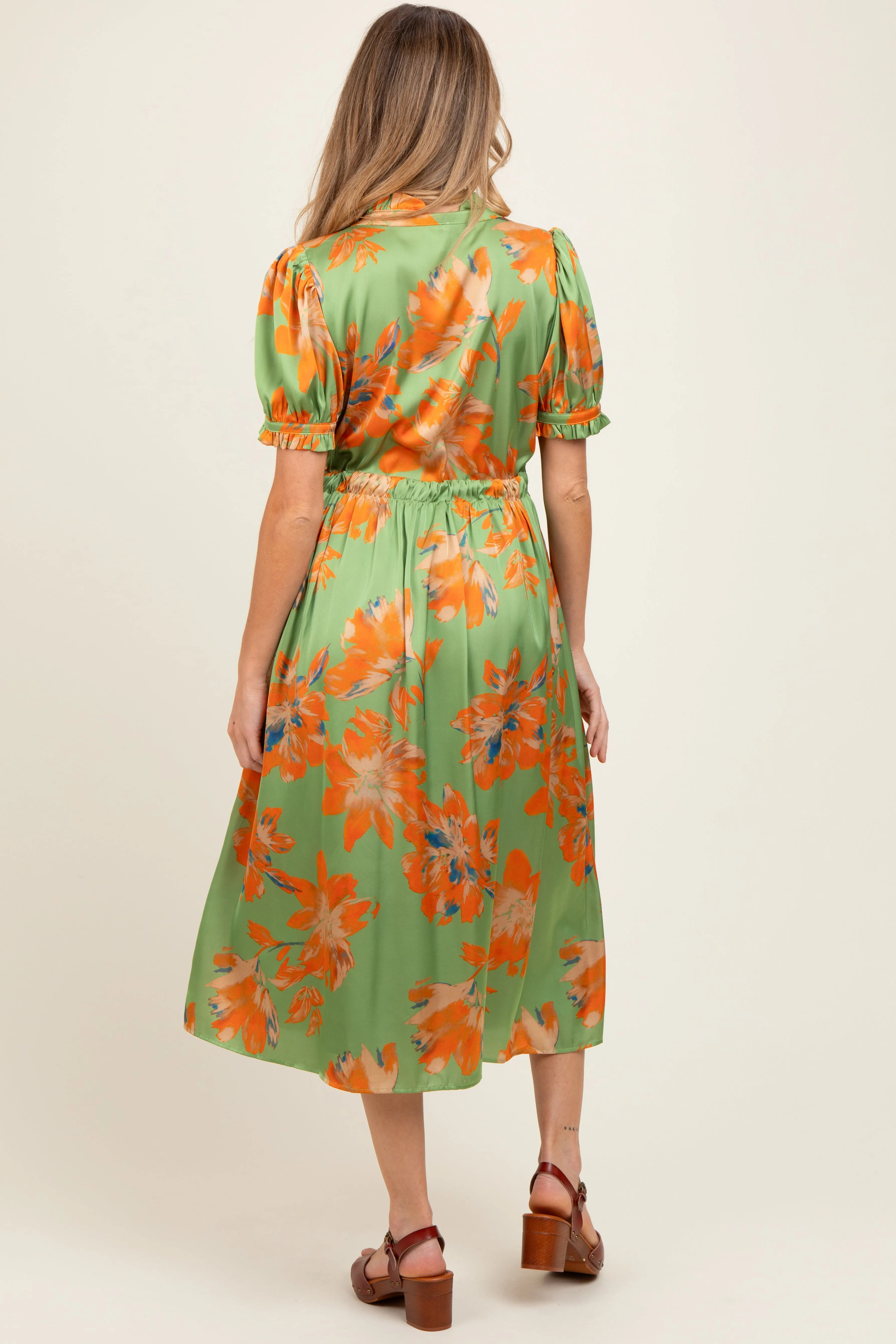 Light Olive Floral Satin Button Down Maternity Midi Dress sold by Pinkblush product image thumbnail 3