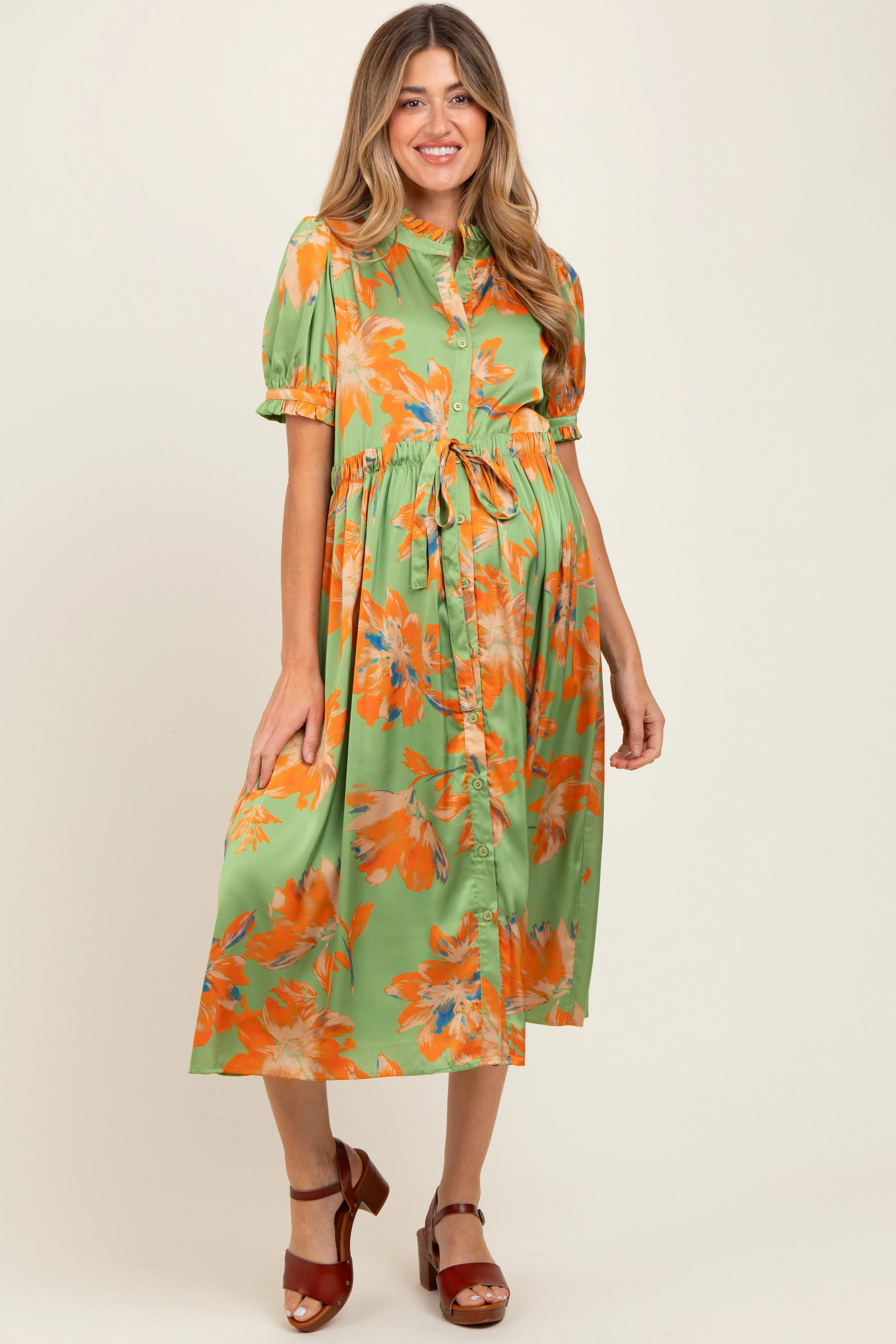 Light Olive Floral Satin Button Down Maternity Midi Dress sold by Pinkblush