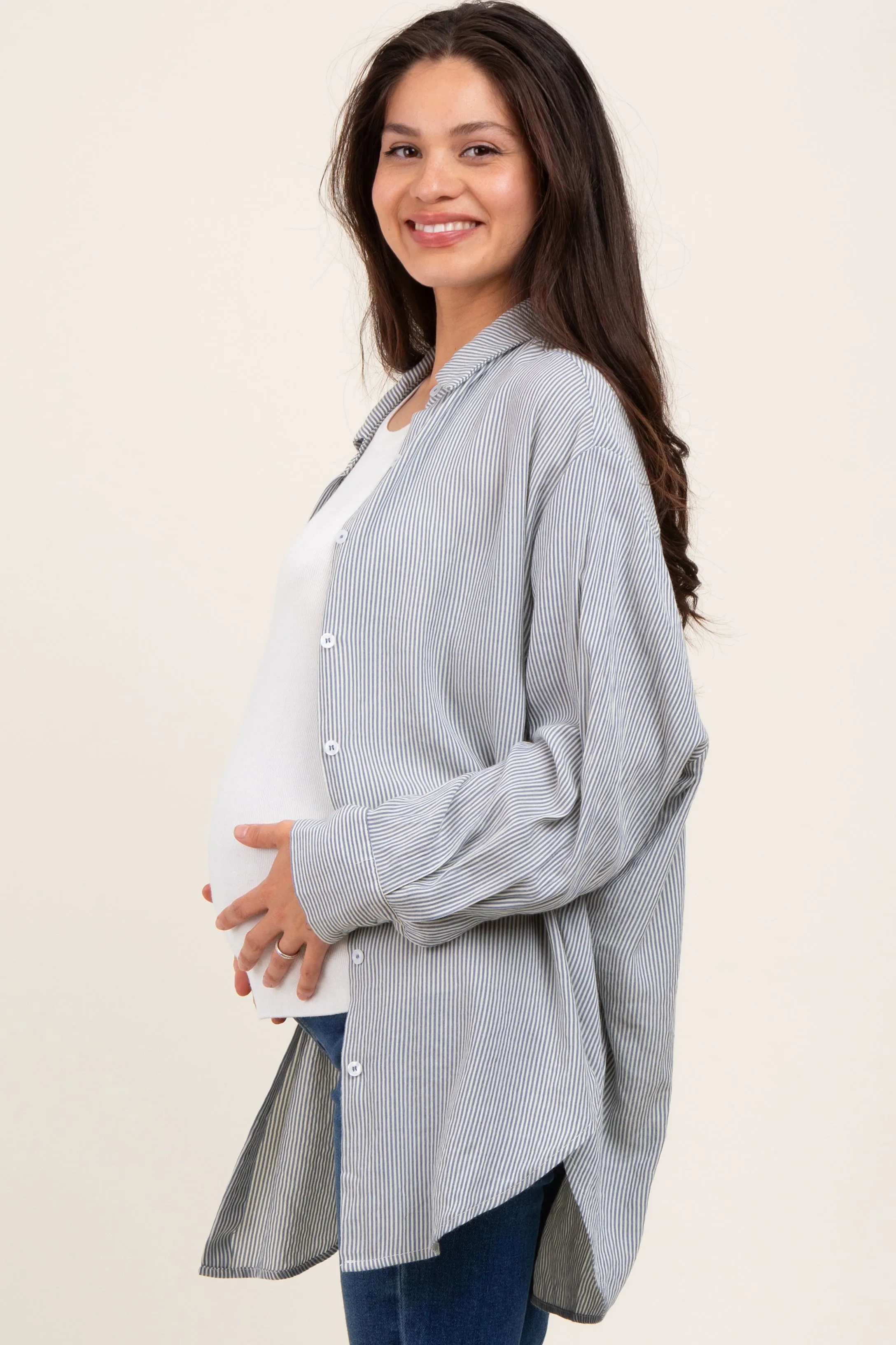 Blue Striped Oversized Maternity Button Down Shirt sold by Pinkblush product image thumbnail 3