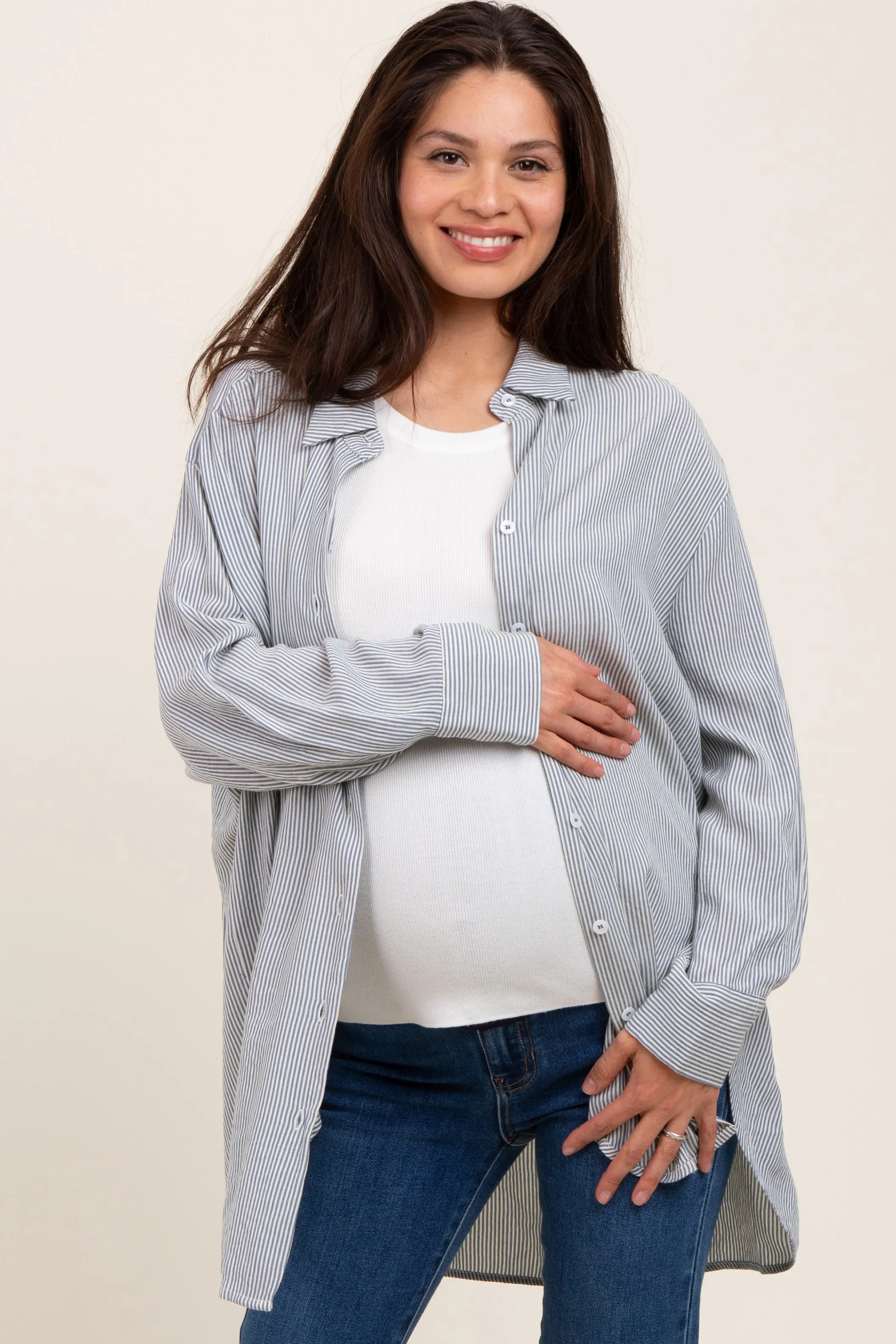 Blue Striped Oversized Maternity Button Down Shirt sold by Pinkblush