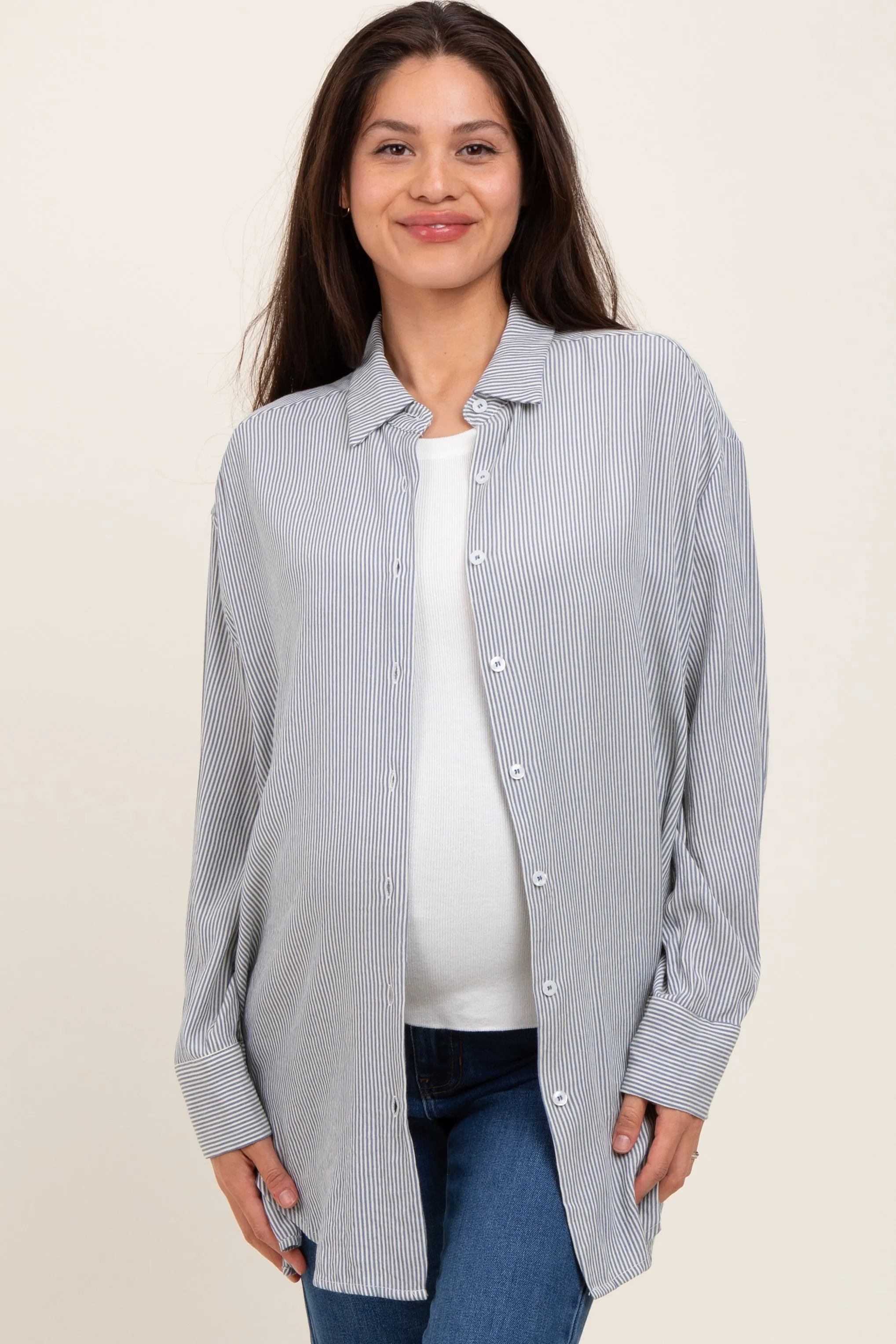 Blue Striped Oversized Maternity Button Down Shirt sold by Pinkblush product image thumbnail 2