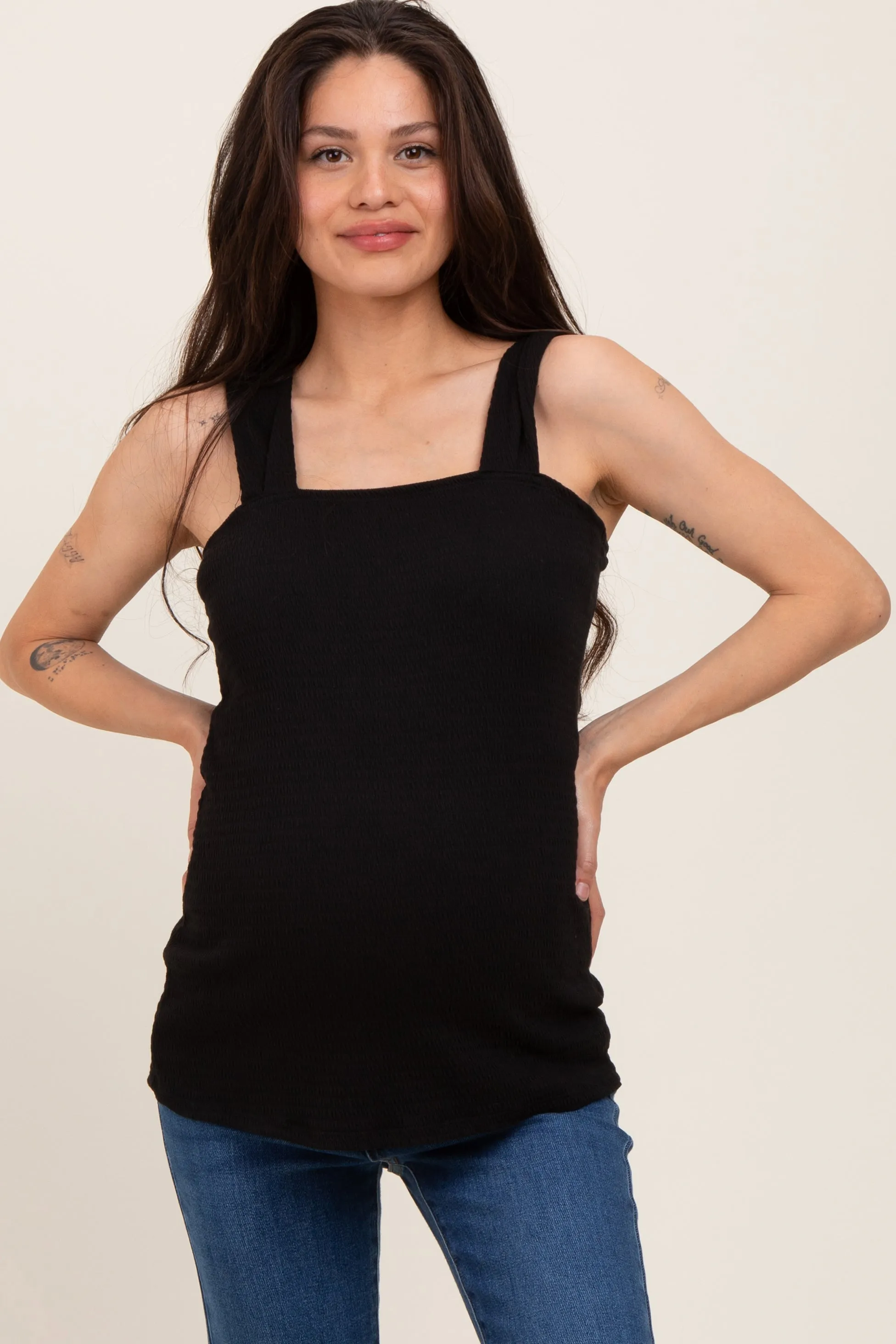 Black Square Neck Smocked Sleeveless Maternity Top sold by Pinkblush