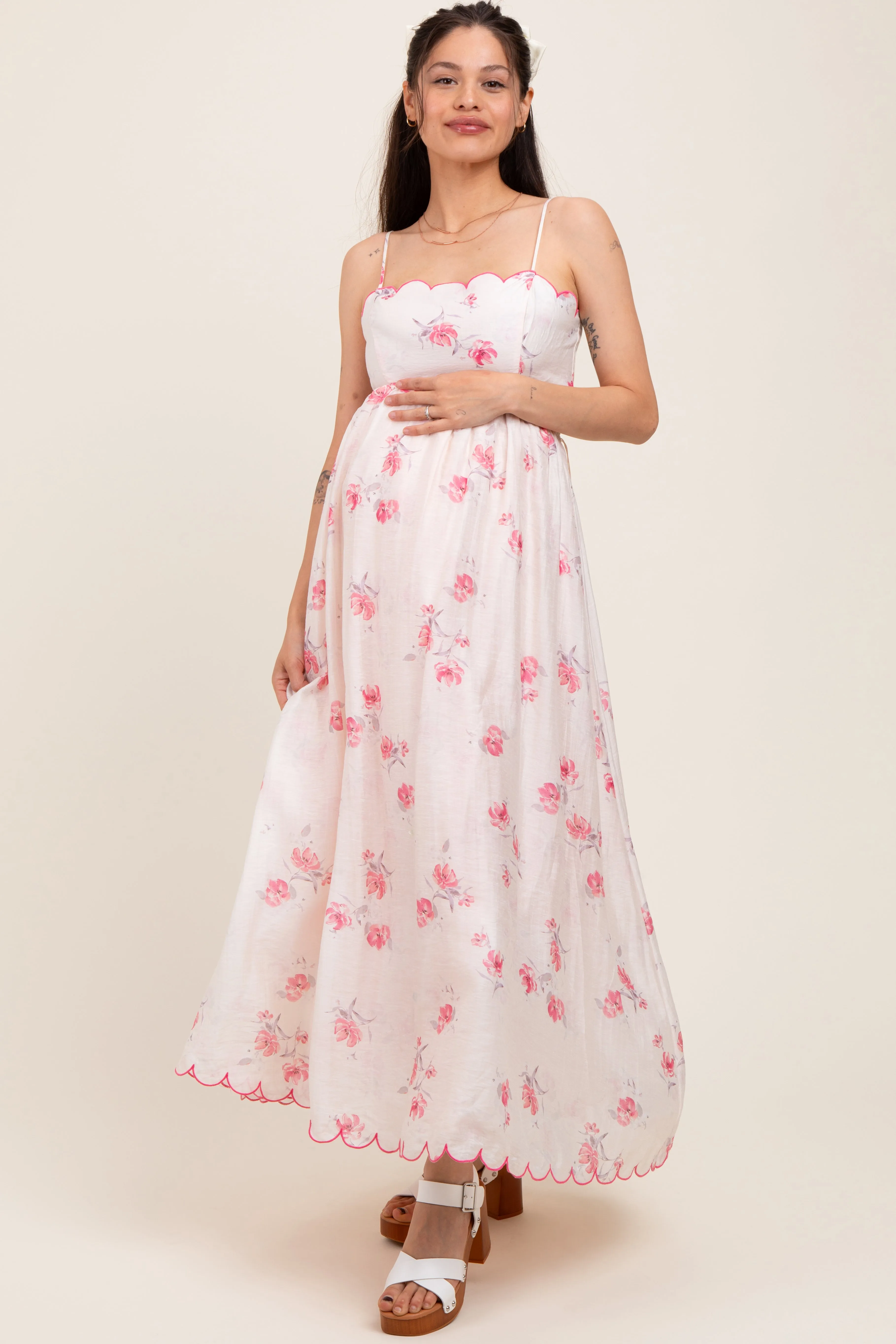 Pink Floral Scallop Edge Back Cutout Maternity Maxi Dress sold by Pinkblush