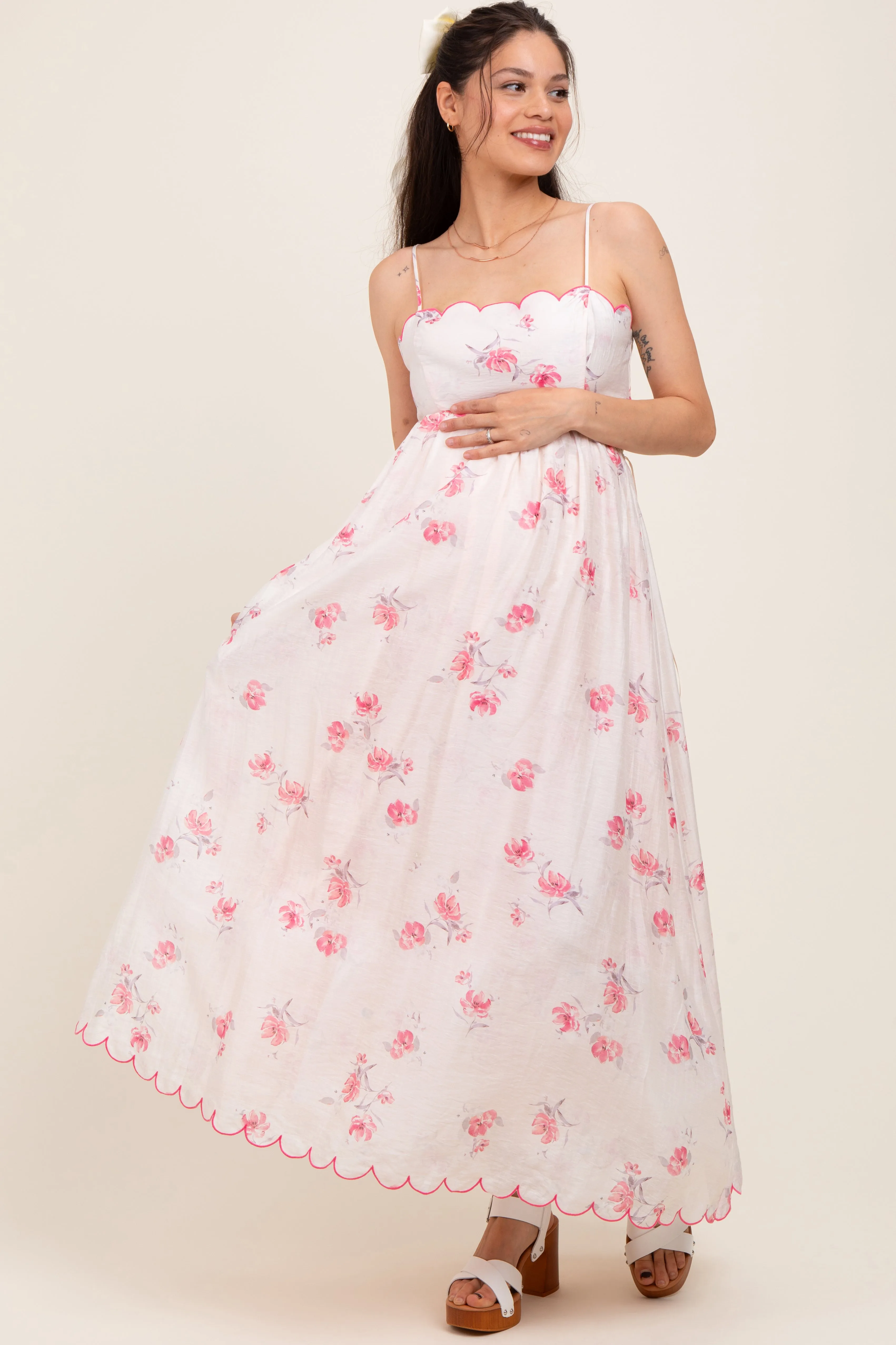 Pink Floral Scallop Edge Back Cutout Maternity Maxi Dress sold by Pinkblush product image thumbnail 2