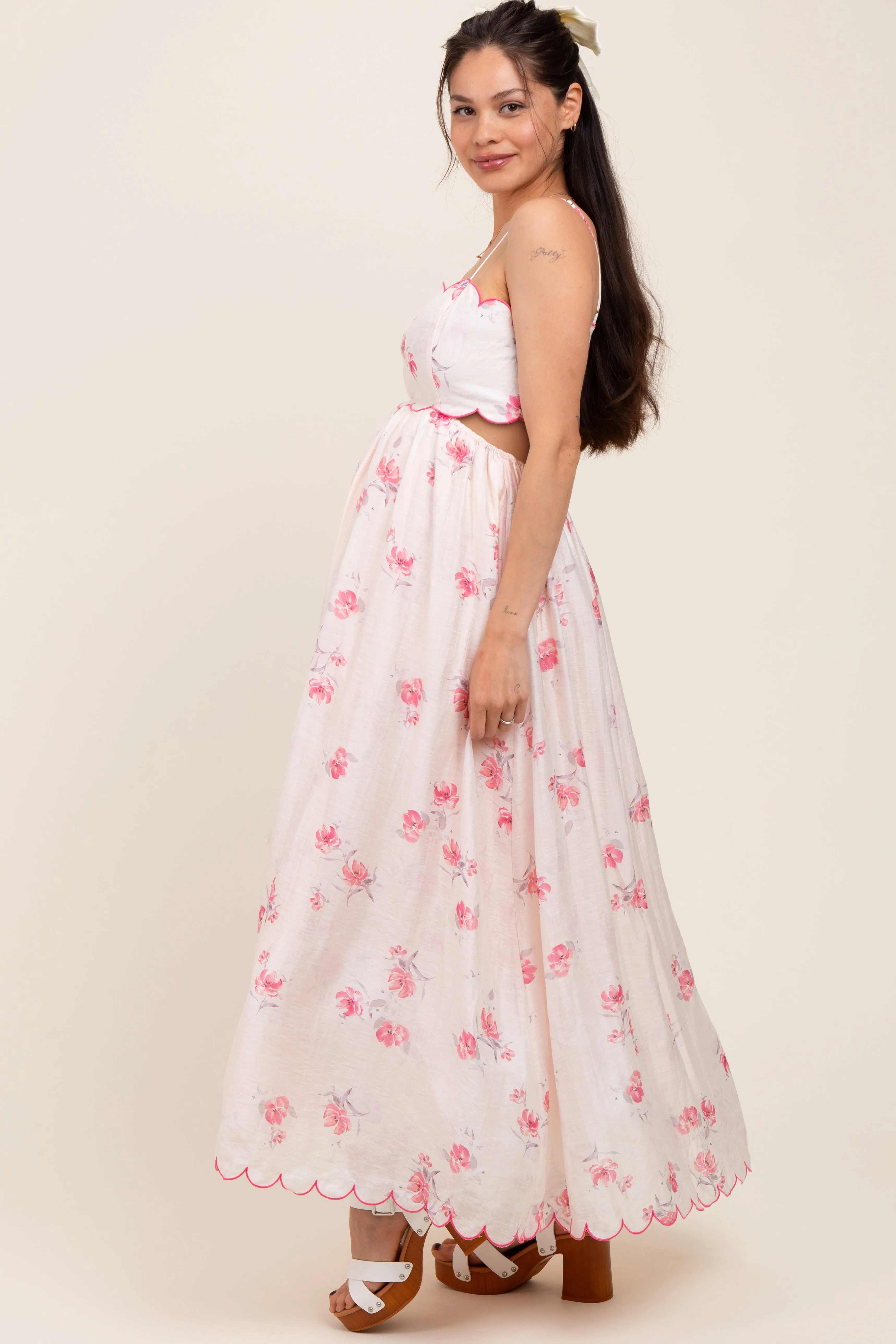 Pink Floral Scallop Edge Back Cutout Maternity Maxi Dress sold by Pinkblush product image thumbnail 3