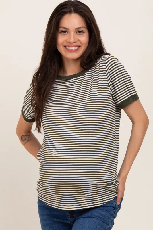 Olive Striped Short Sleeve Maternity Top sold by Pinkblush