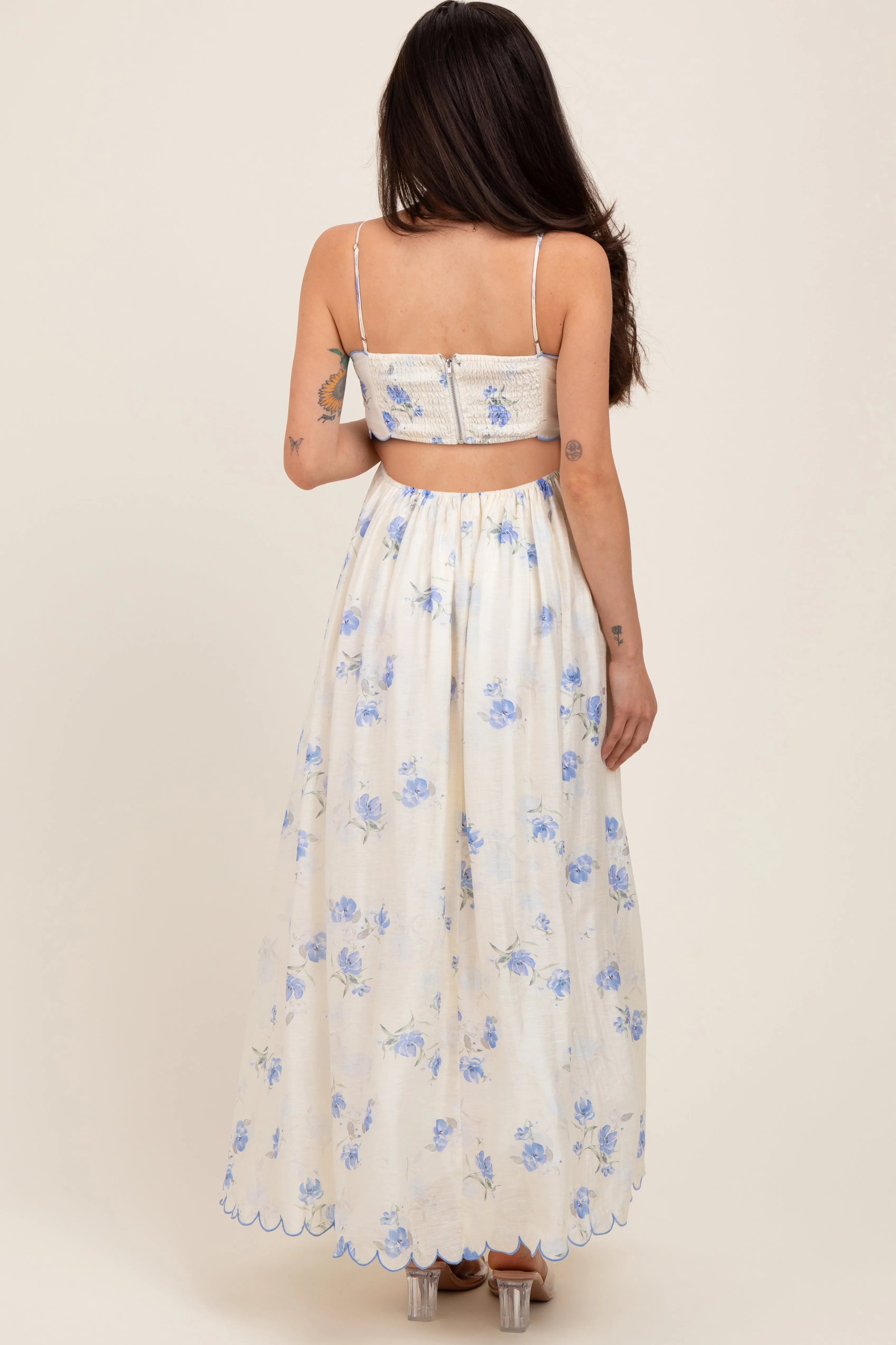 Blue Floral Scallop Edge Back Cutout Maternity Maxi Dress sold by Pinkblush product image thumbnail 3