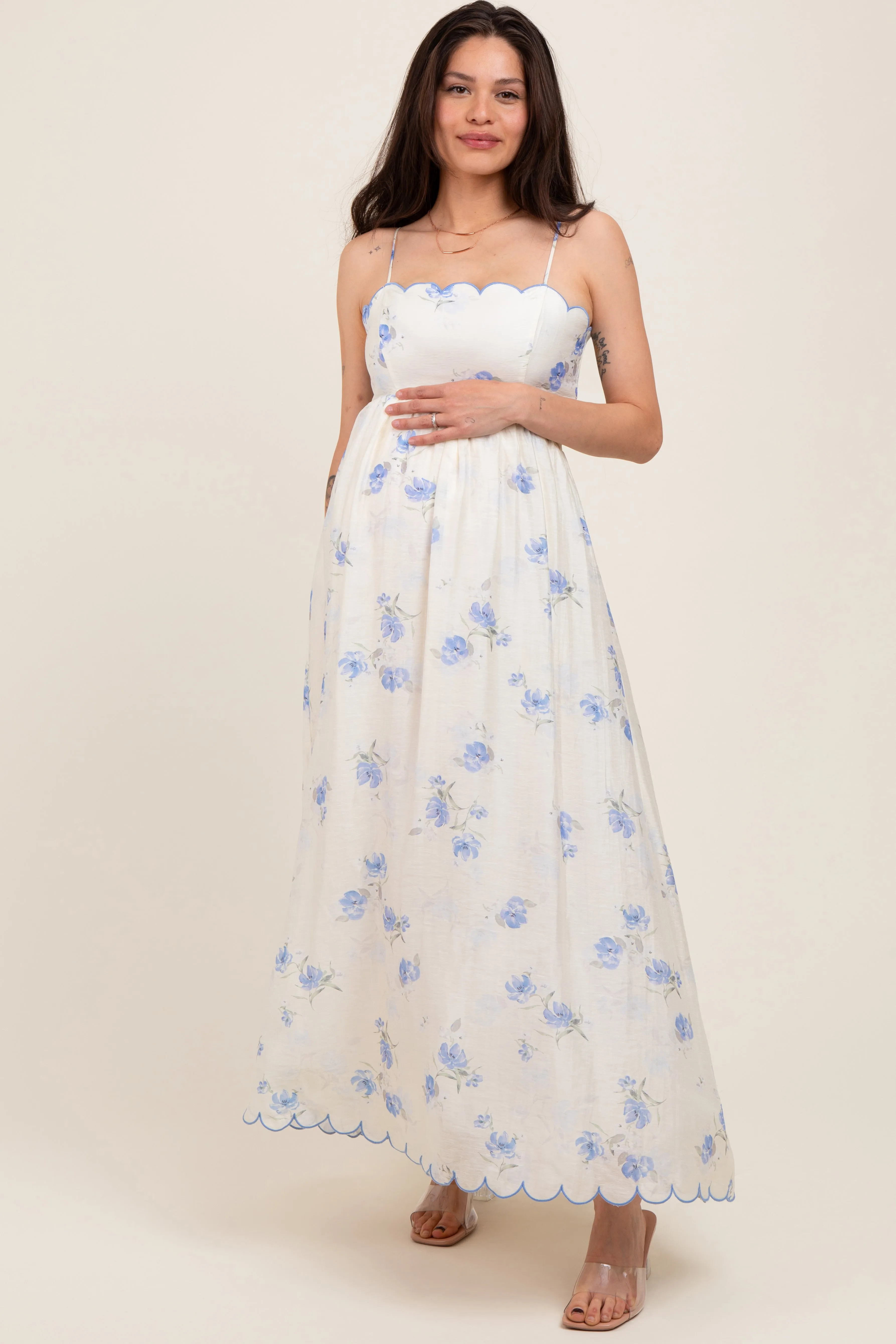 Blue Floral Scallop Edge Back Cutout Maternity Maxi Dress sold by Pinkblush
