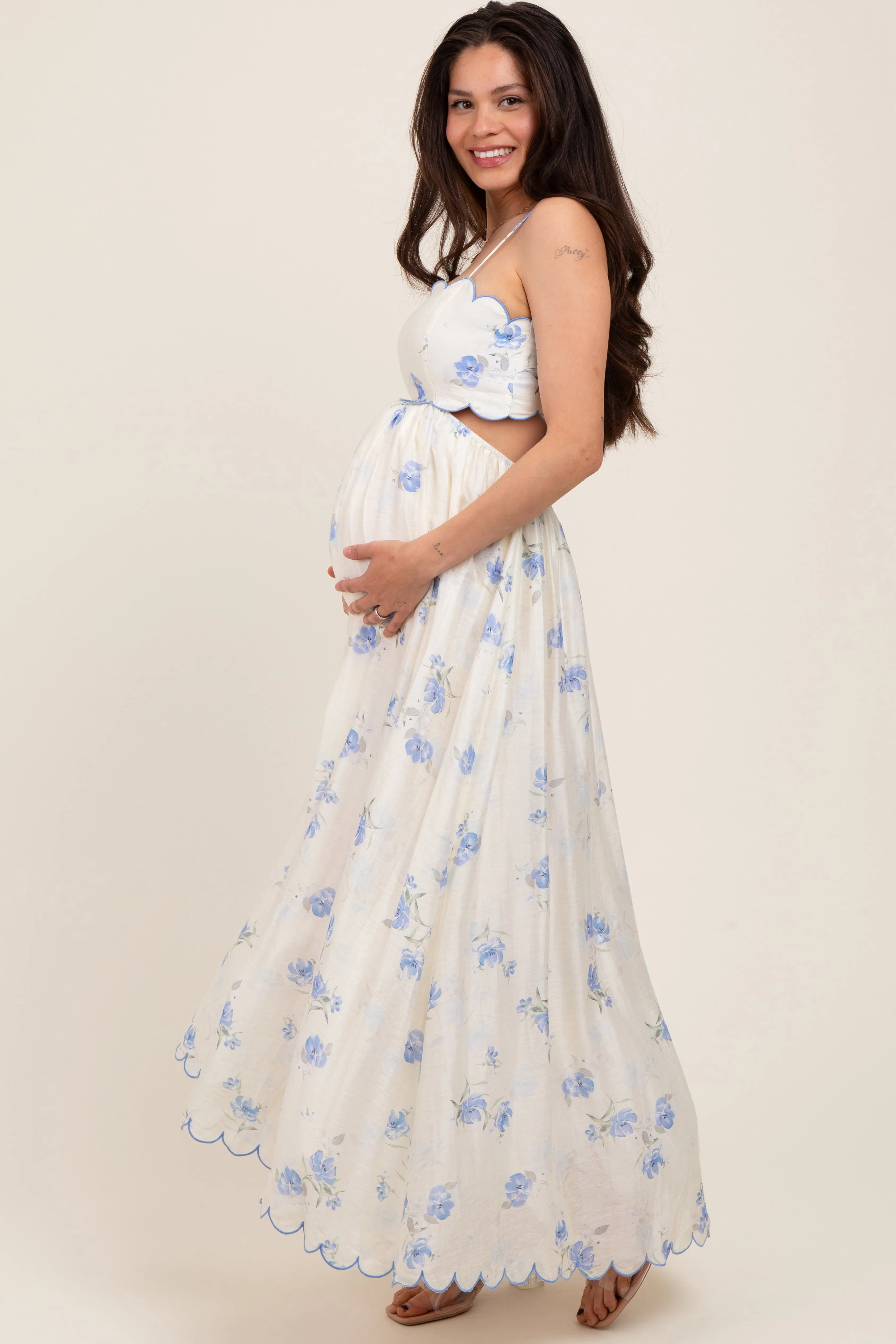 Blue Floral Scallop Edge Back Cutout Maternity Maxi Dress sold by Pinkblush product image thumbnail 2
