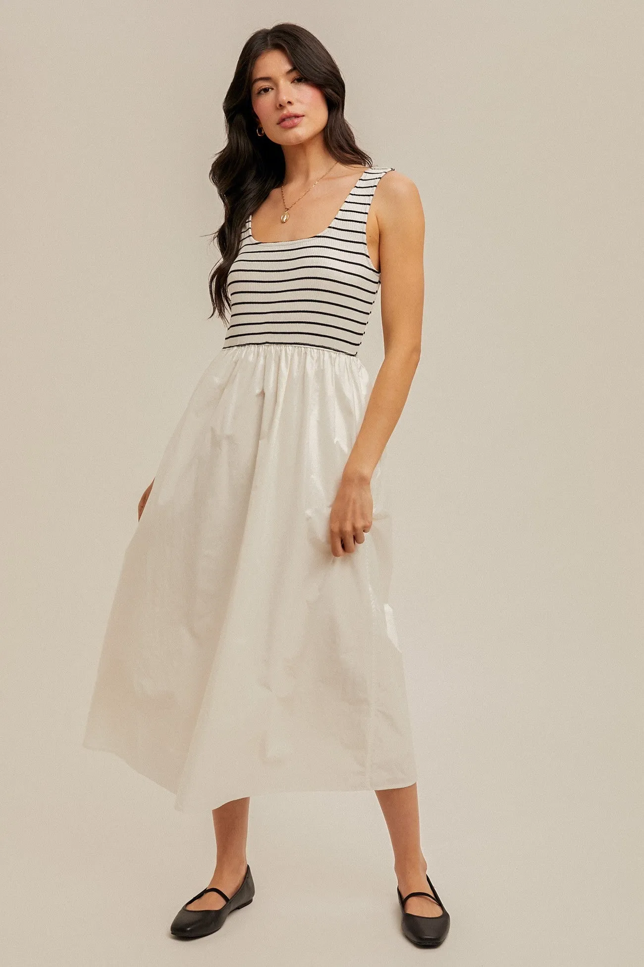 White Striped Contrast Sleeveless Midi Dress sold by Pinkblush