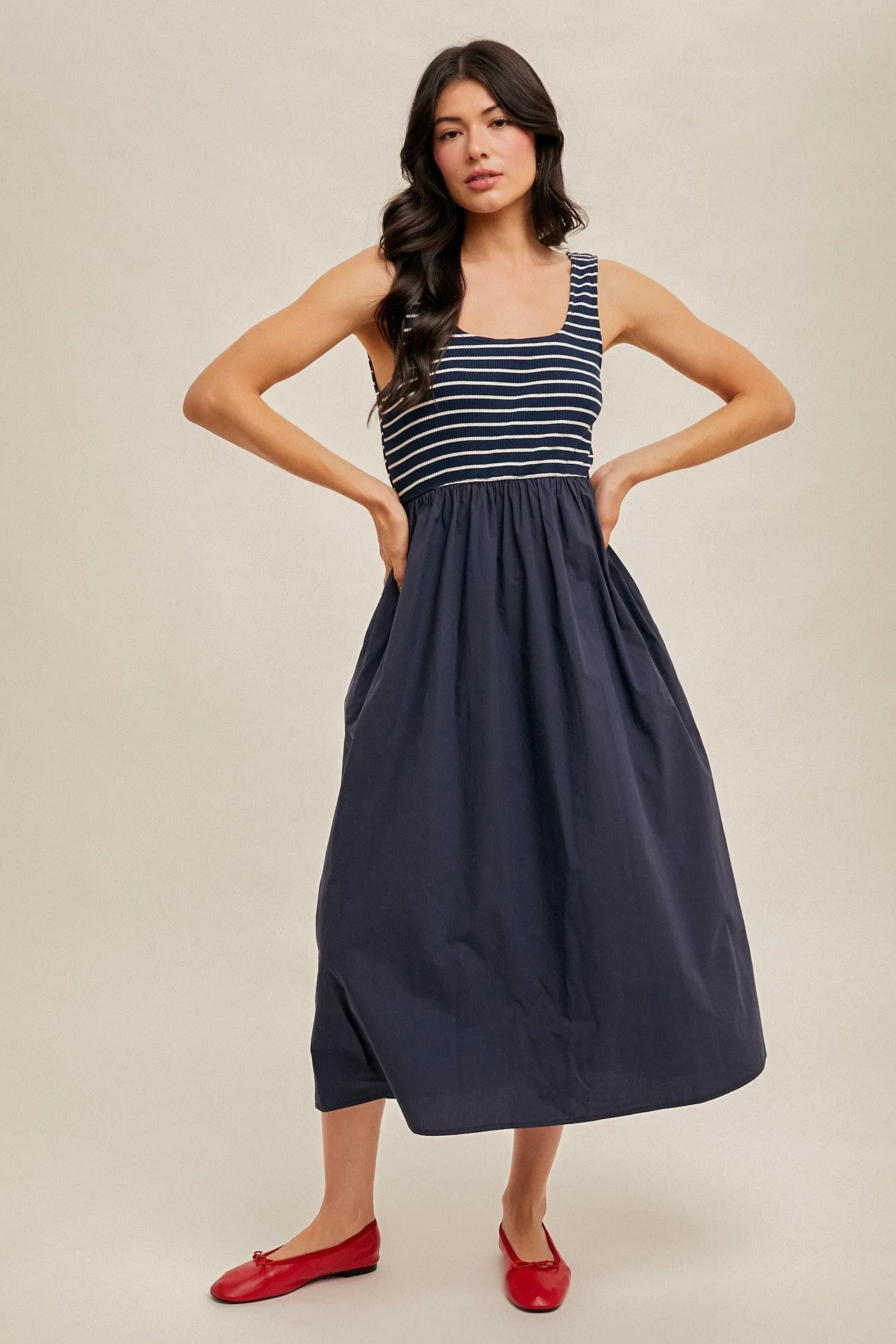 Navy Striped Contrast Sleeveless Midi Dress sold by Pinkblush
