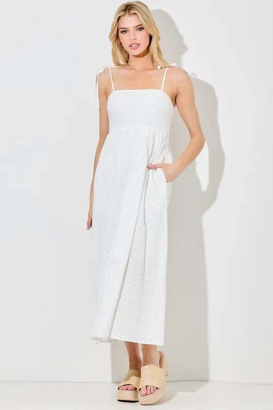 Ivory Polka Dot Shoulder Tie Midi Dress sold by Pinkblush