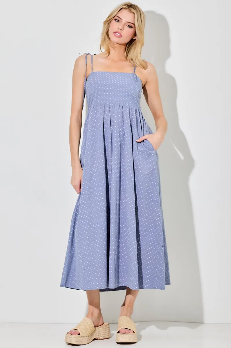 Blue Polka Dot Shoulder Tie Midi Dress sold by Pinkblush