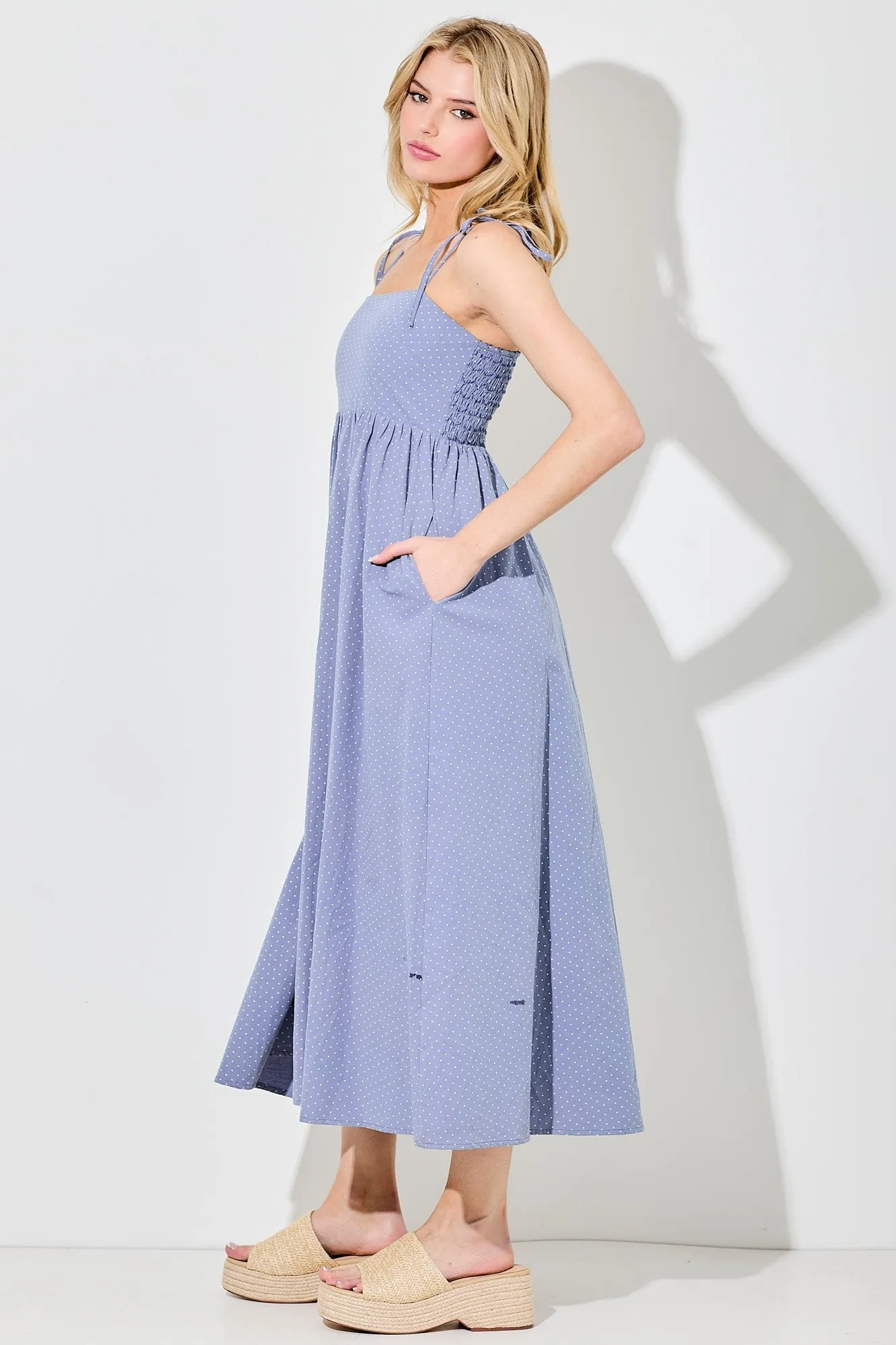 Blue Polka Dot Shoulder Tie Midi Dress sold by Pinkblush product image thumbnail 2