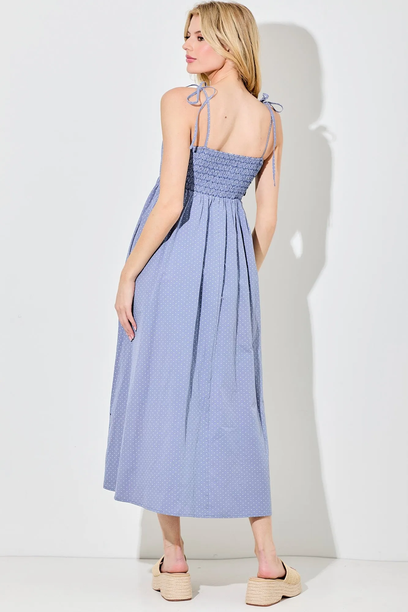 Blue Polka Dot Shoulder Tie Midi Dress sold by Pinkblush product image thumbnail 3