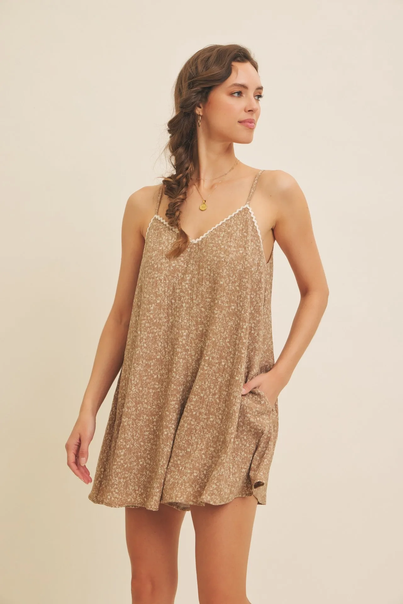 Brown Flowy Jacquard Ditsy Romper sold by Pinkblush