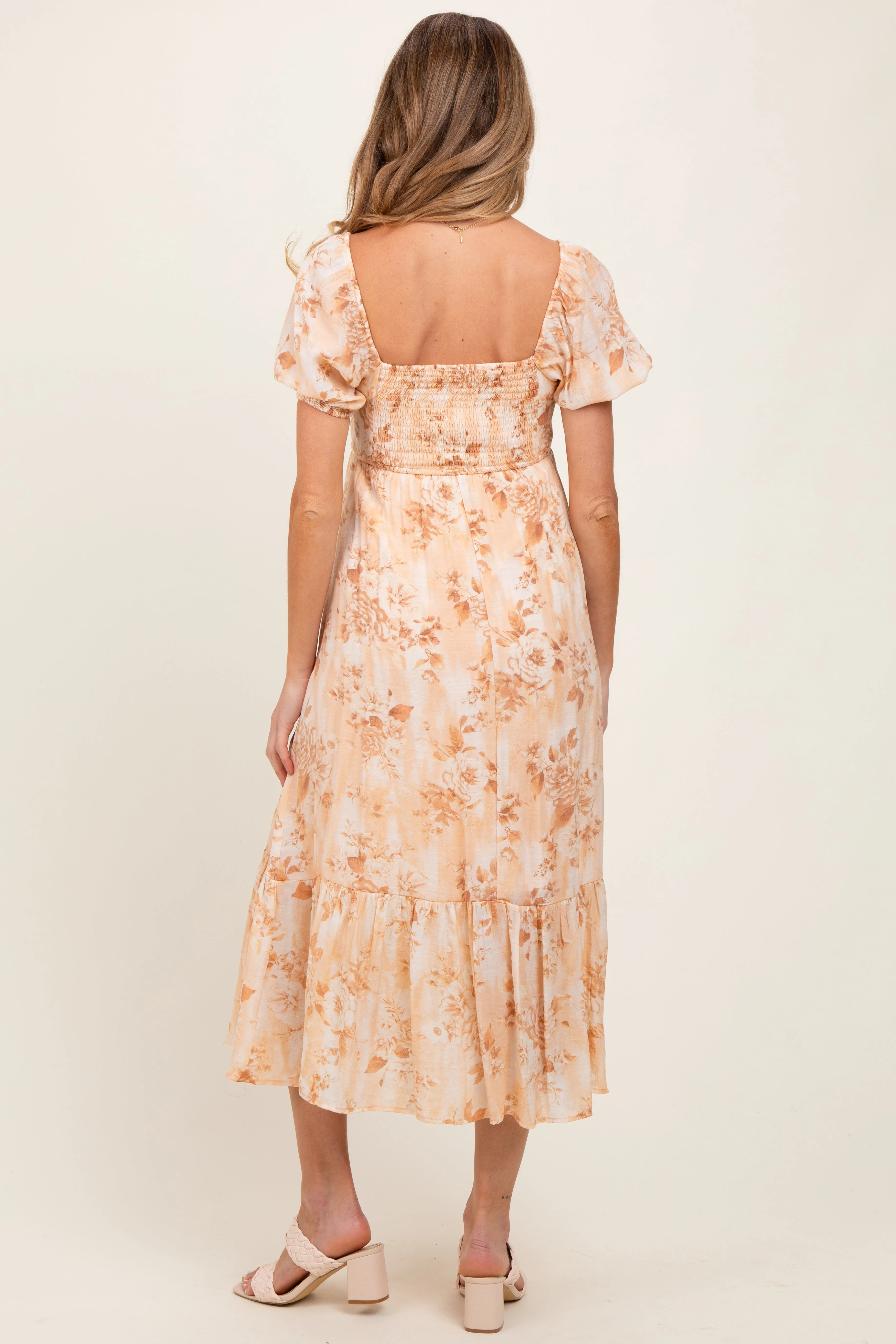 Peach Floral Pleated Bust Puff Sleeve Maternity Midi Dress sold by Pinkblush product image thumbnail 3