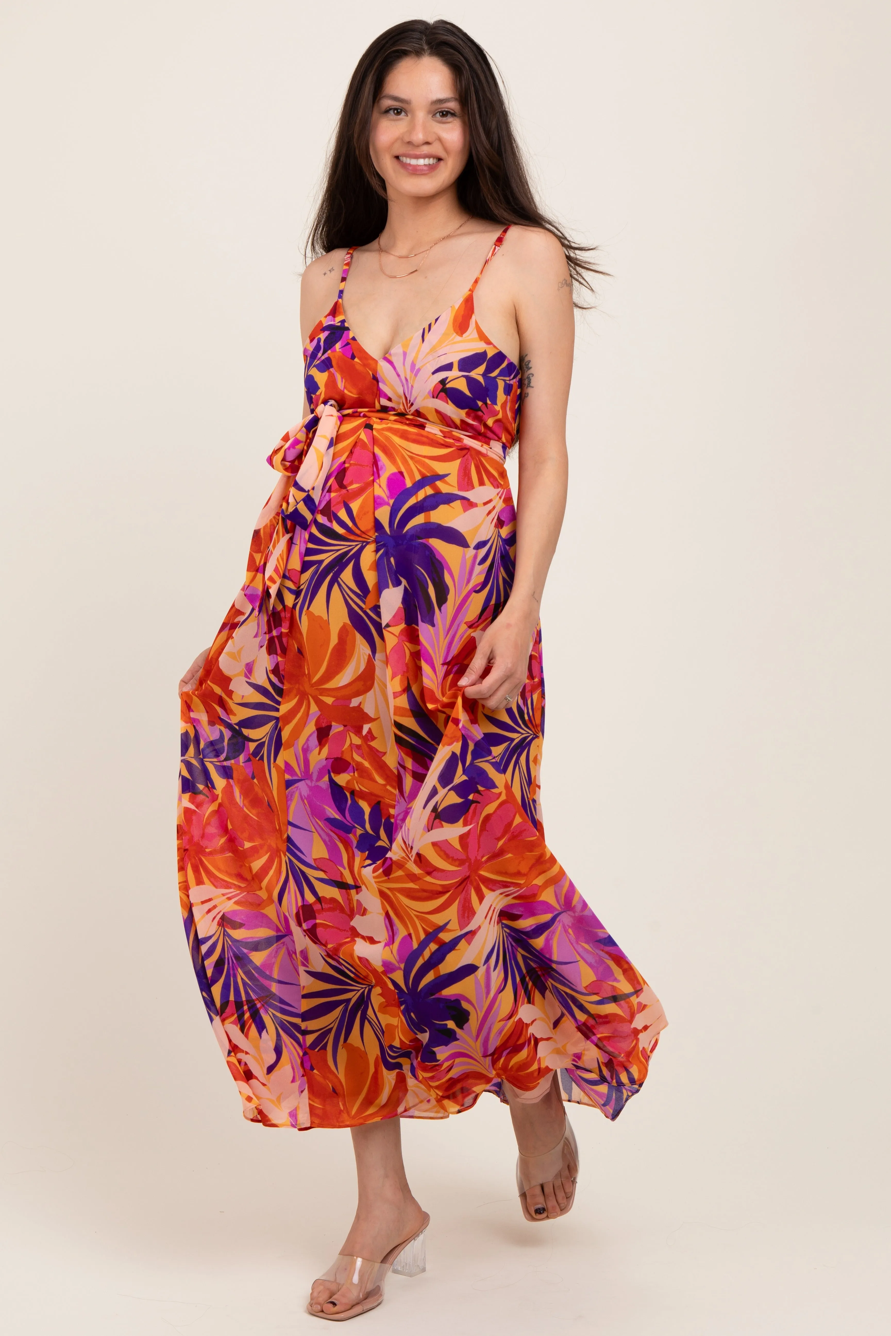 Orange Tropical Sash Tie Maternity Maxi Dress sold by Pinkblush