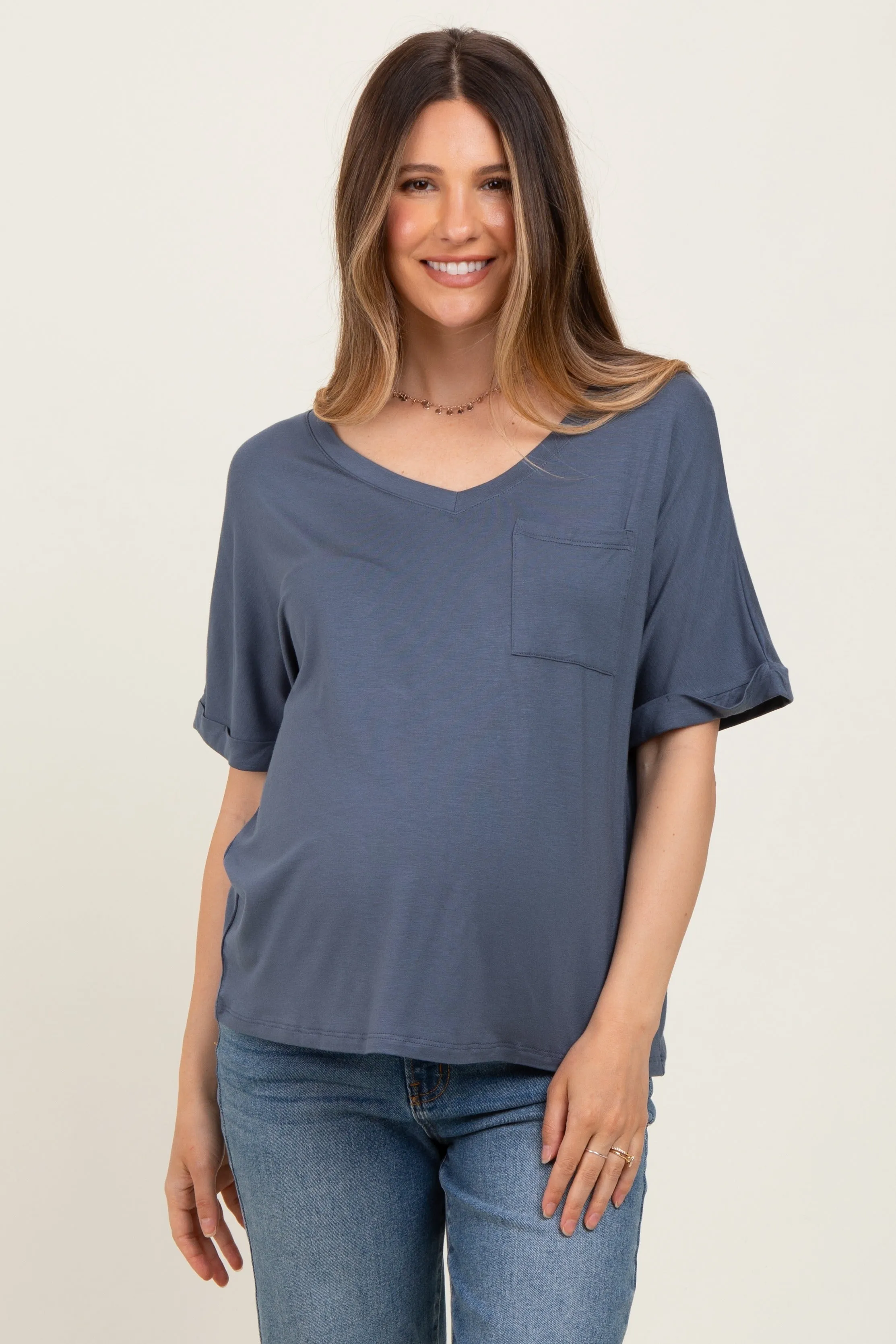 Dark Blue Oversized V-Neck Front Pocket Maternity T-Shirt sold by Pinkblush