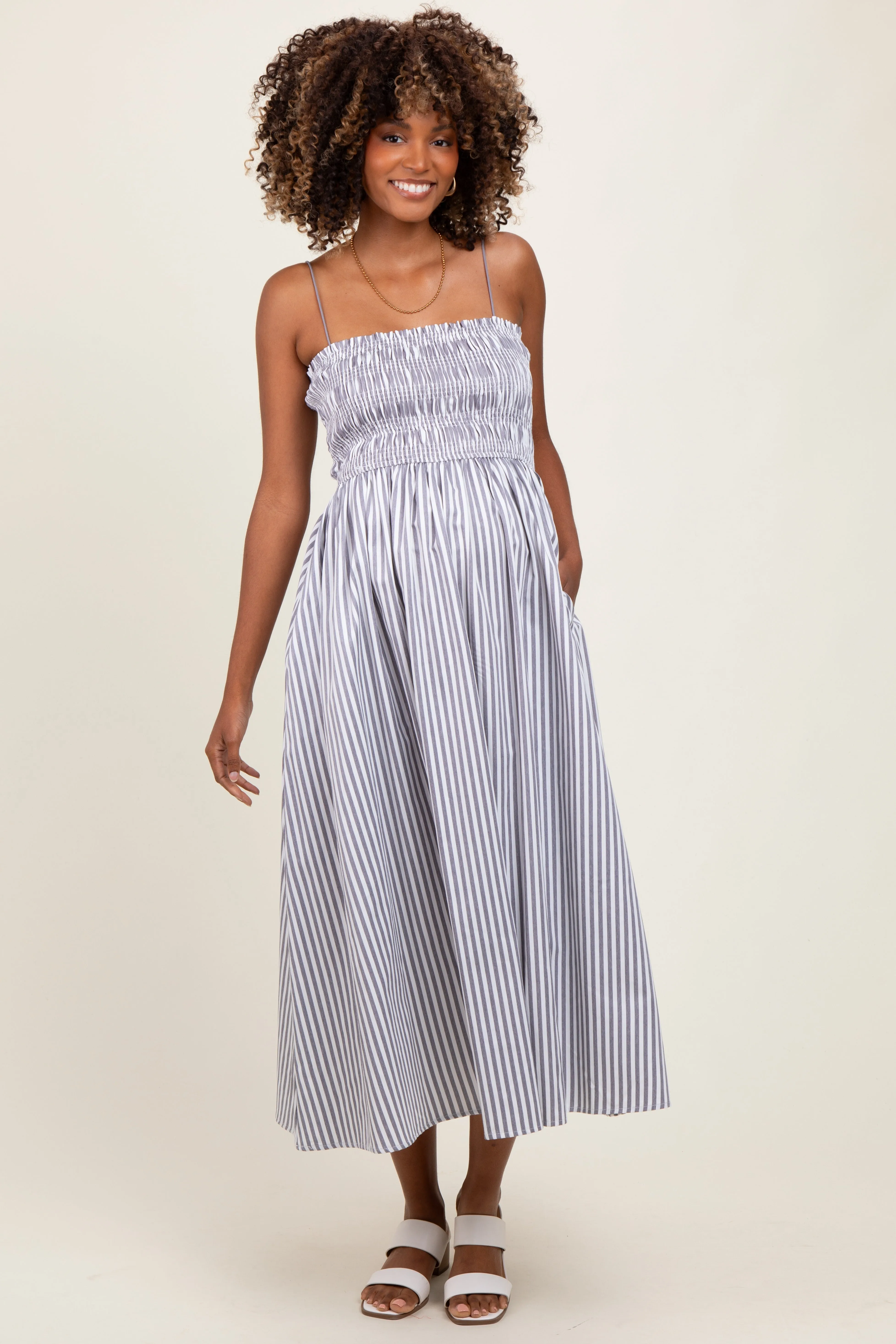 Black Striped Smocked Maternity Midi Dress sold by Pinkblush