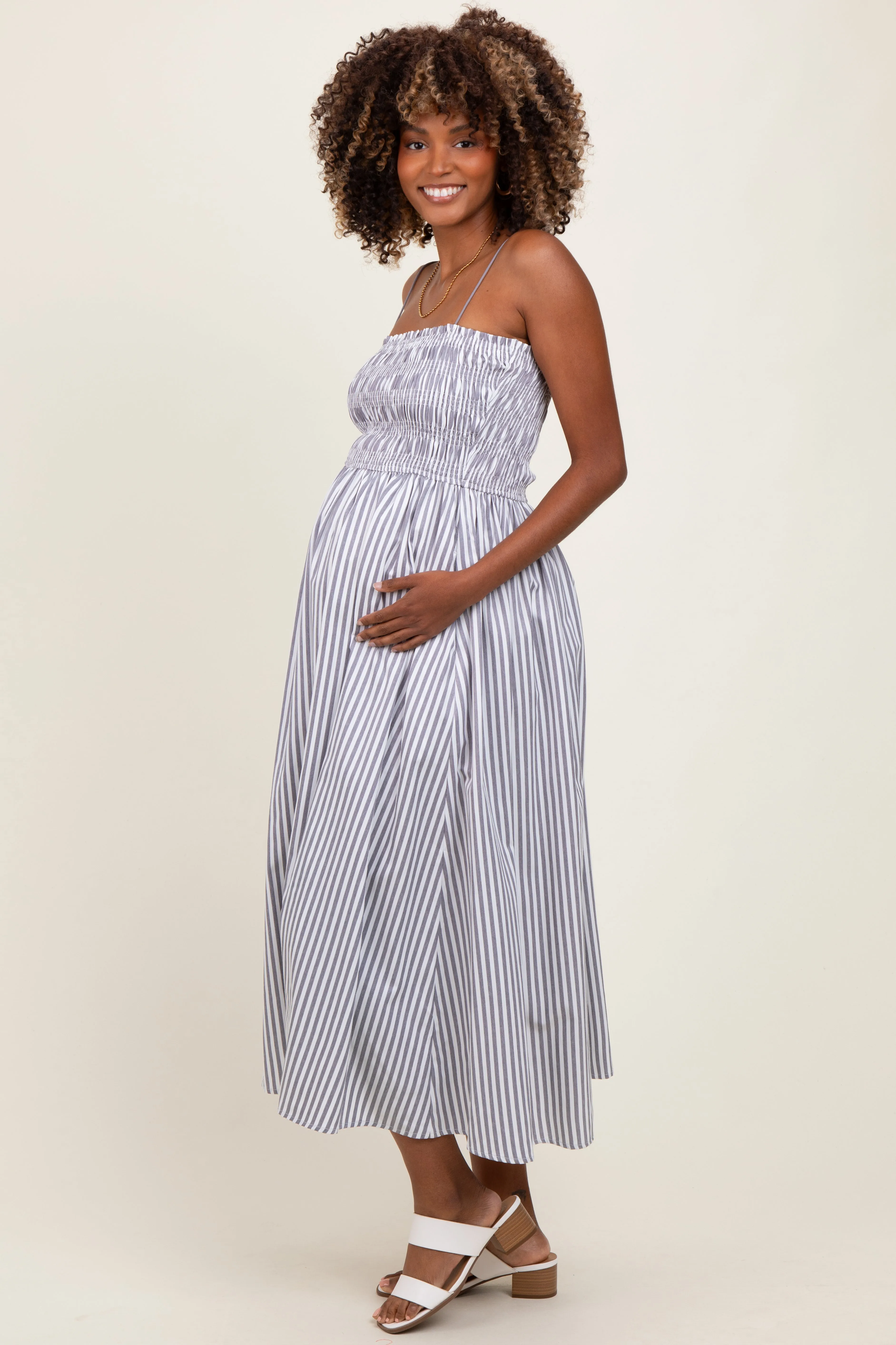 Black Striped Smocked Maternity Midi Dress sold by Pinkblush product image thumbnail 2